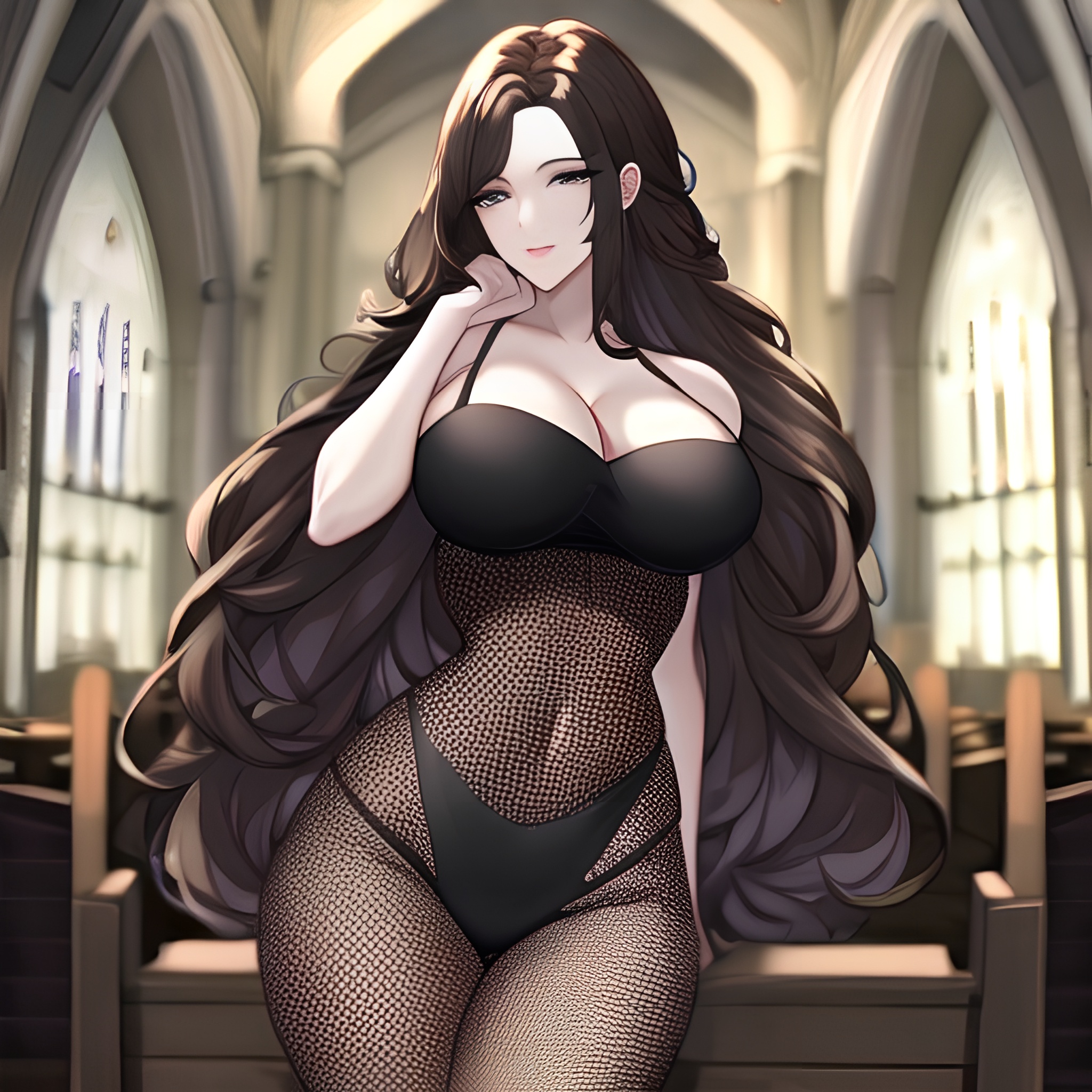fishnet church brunette messy hair woman long hair 
