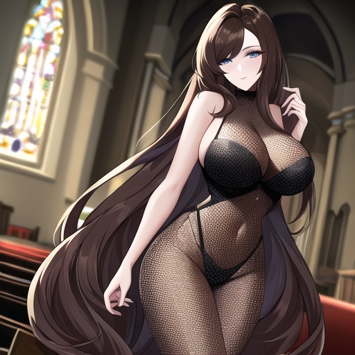 fishnet church brunette messy hair woman long hair 