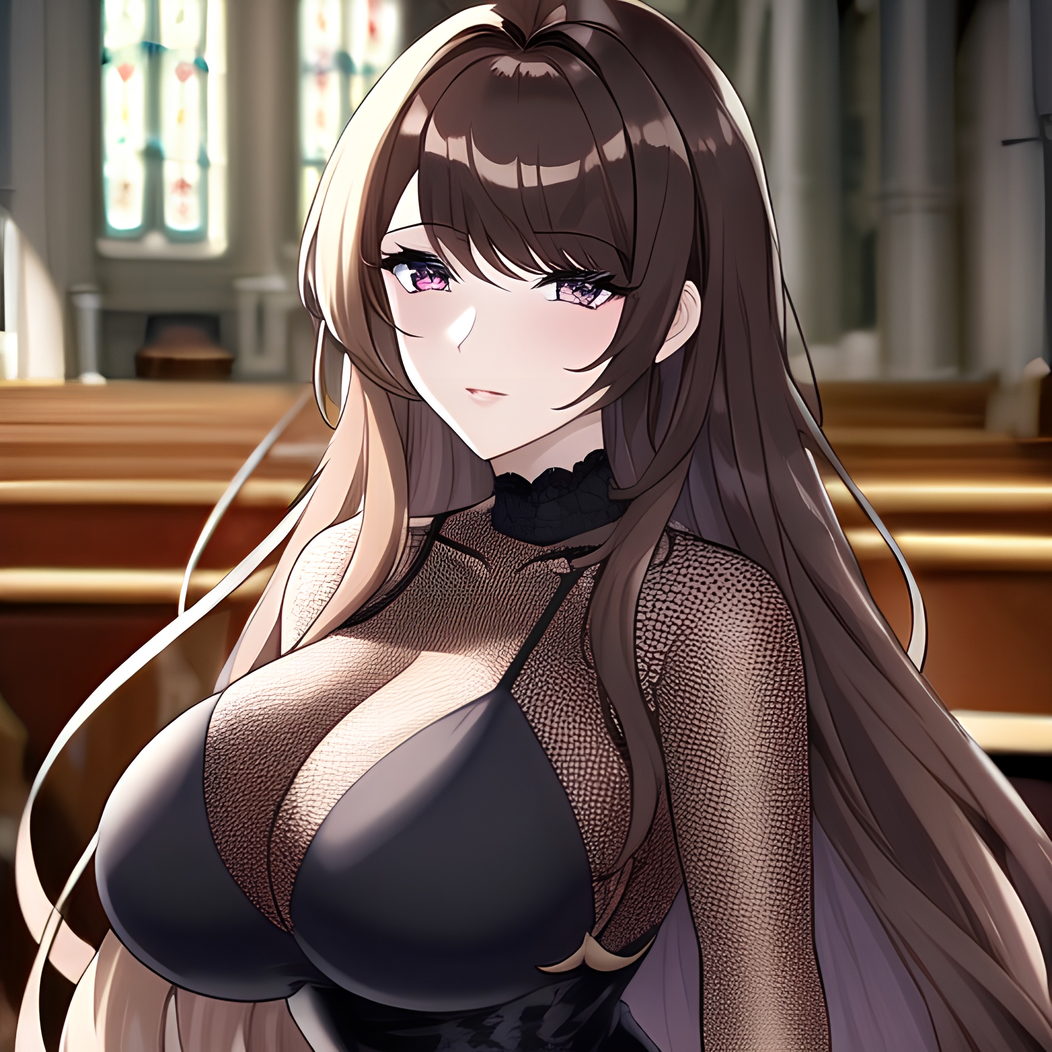 fishnet church brunette woman long hair messy hair 