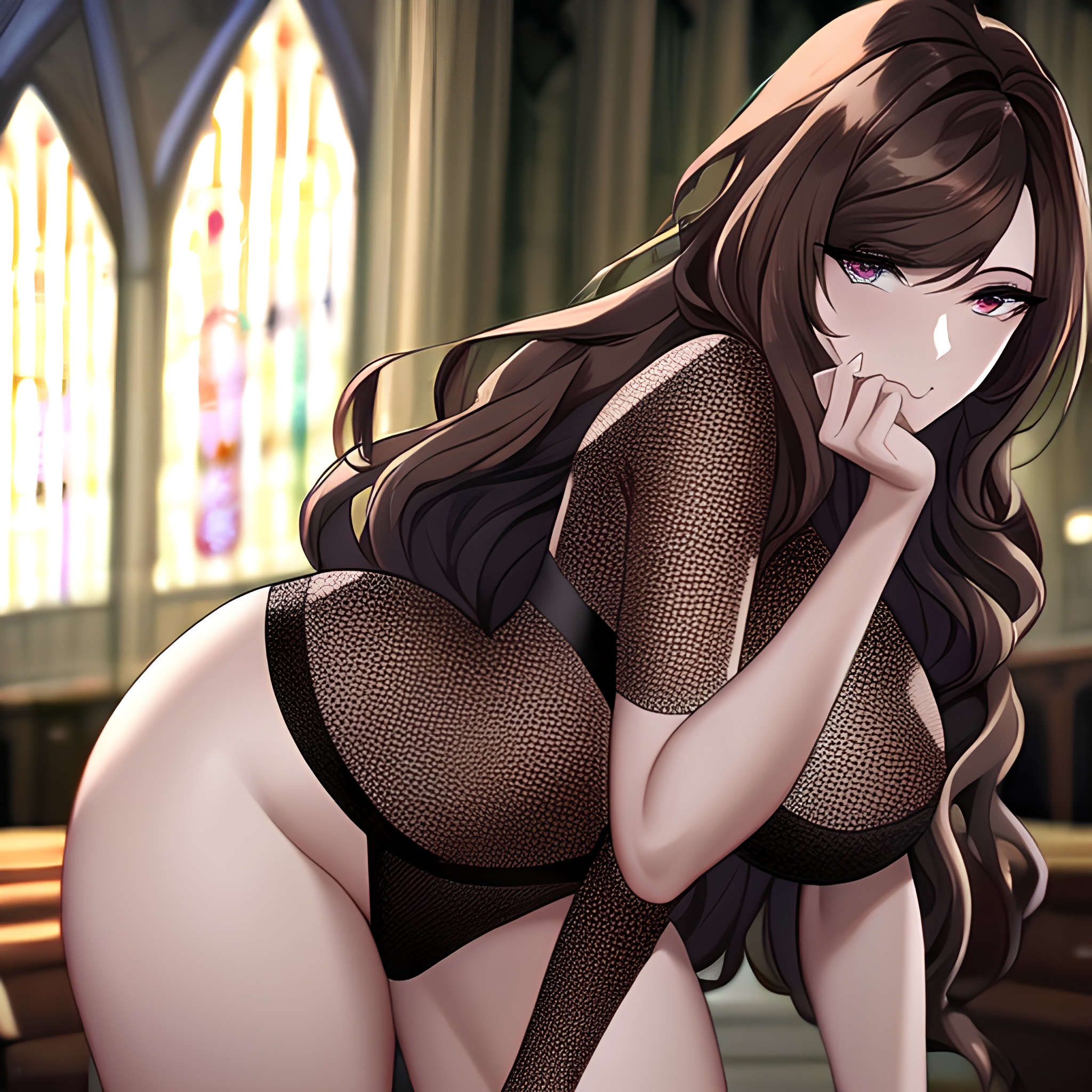 fishnet church brunette woman messy hair long hair 