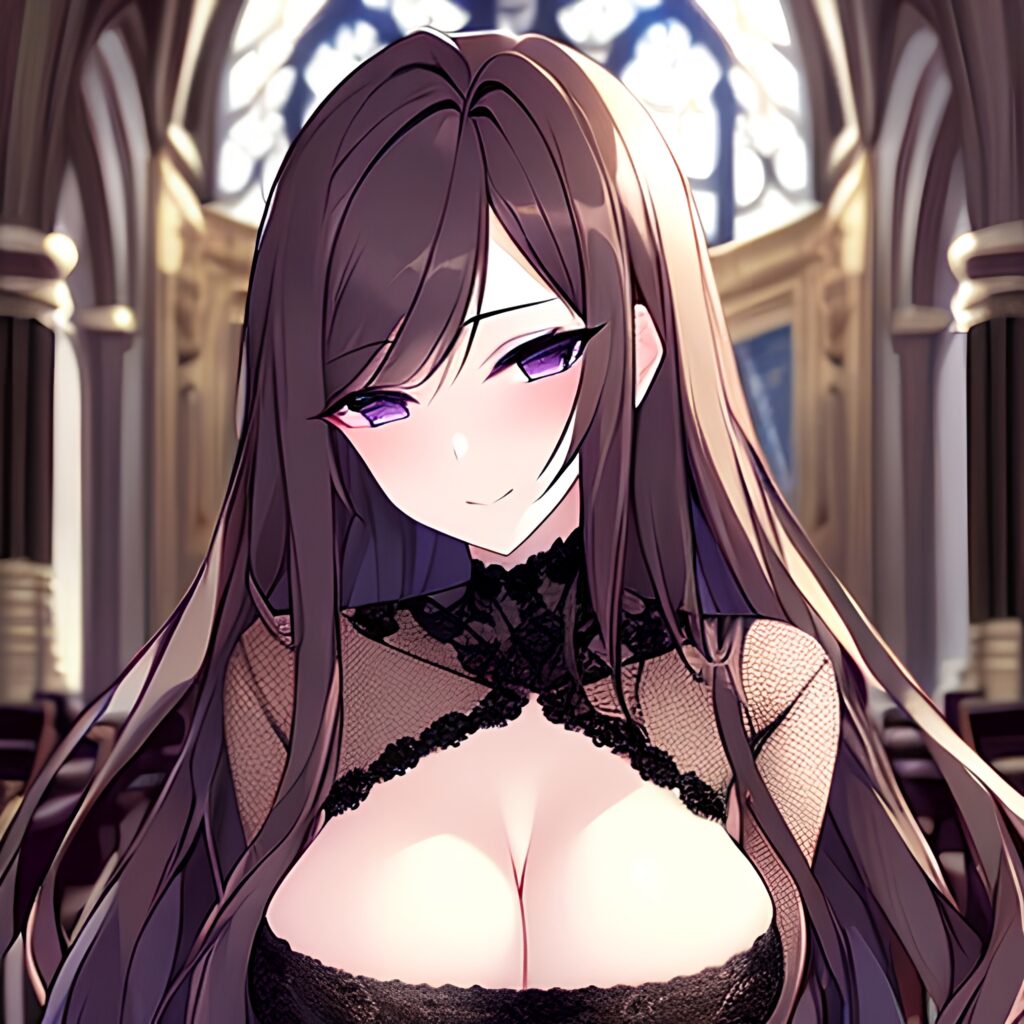 fishnet church brunette woman messy hair long hair 