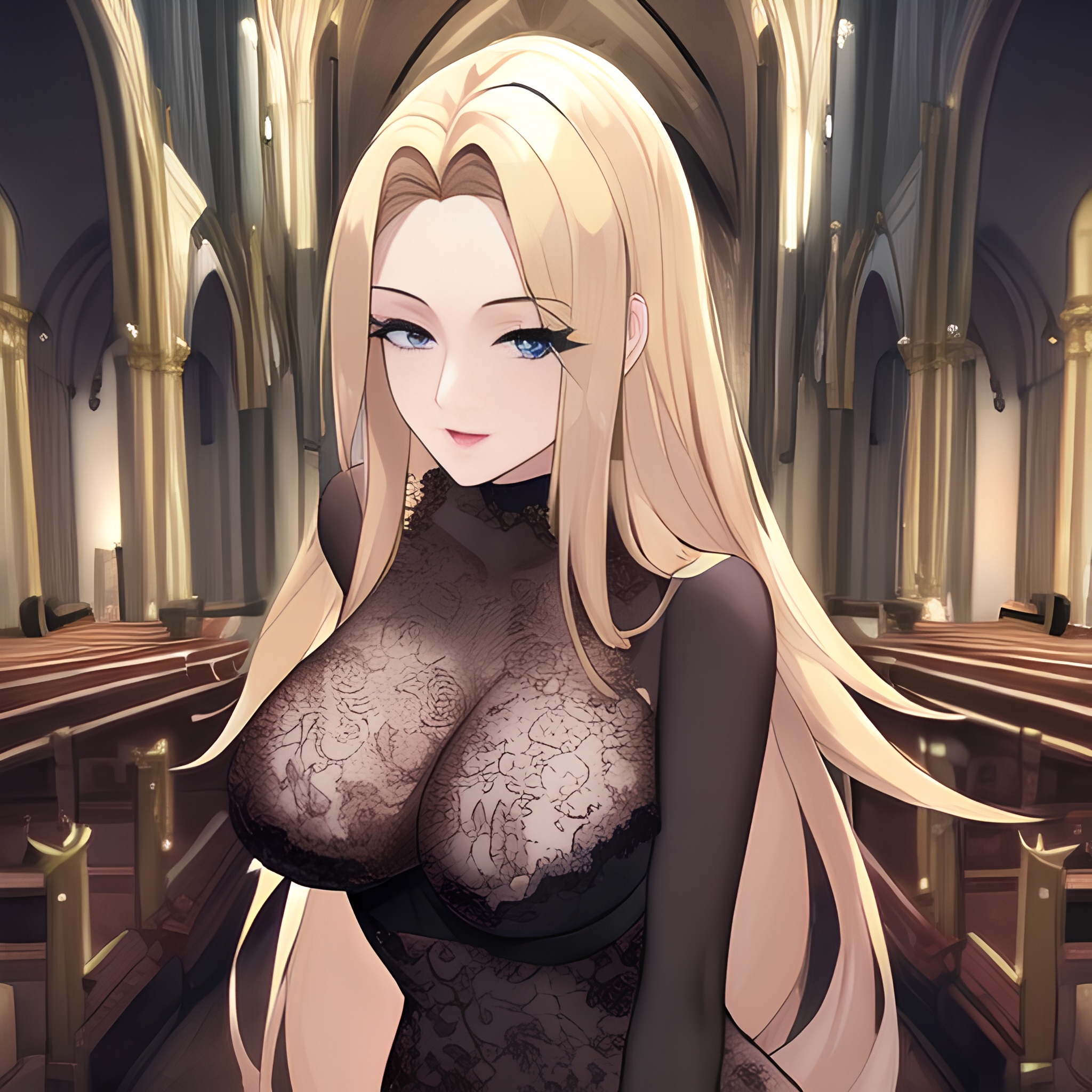 fishnet church front view long hair small boobs nude woman blonde 