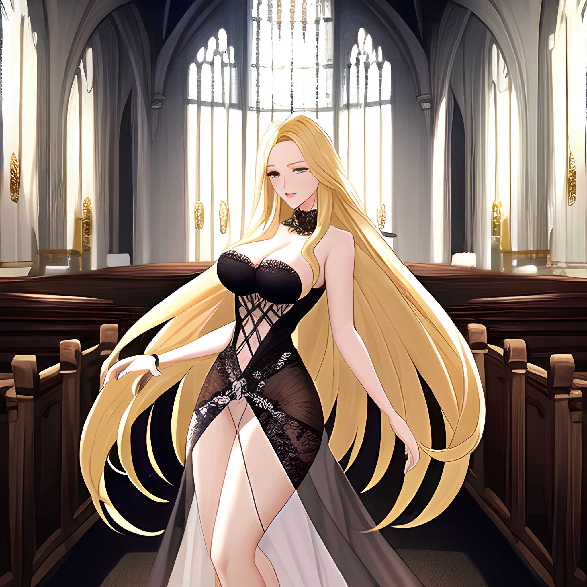 fishnet church long hair blonde woman 
