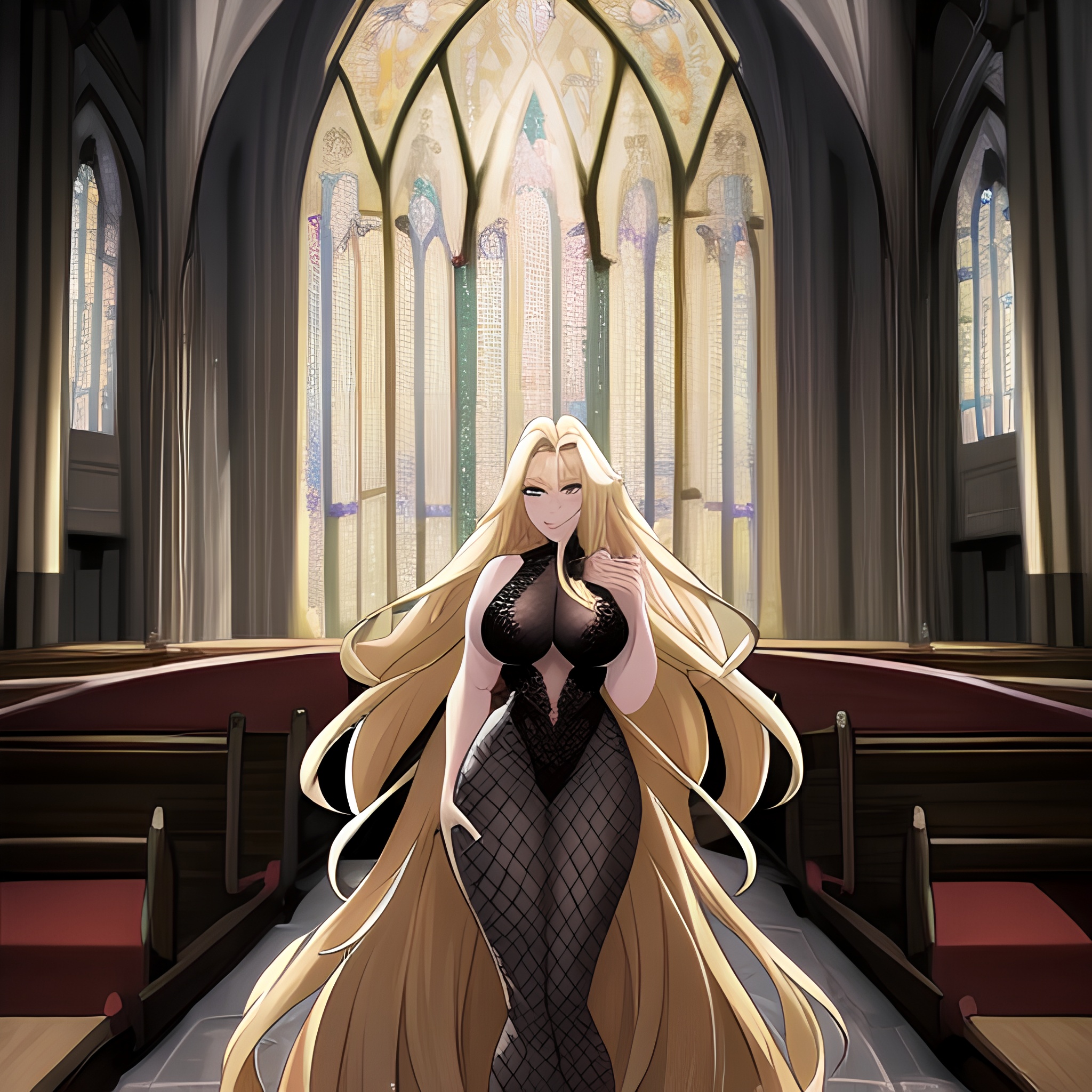 fishnet church long hair blonde woman