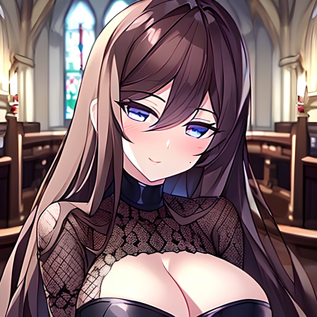 fishnet church long hair brunette messy hair woman 