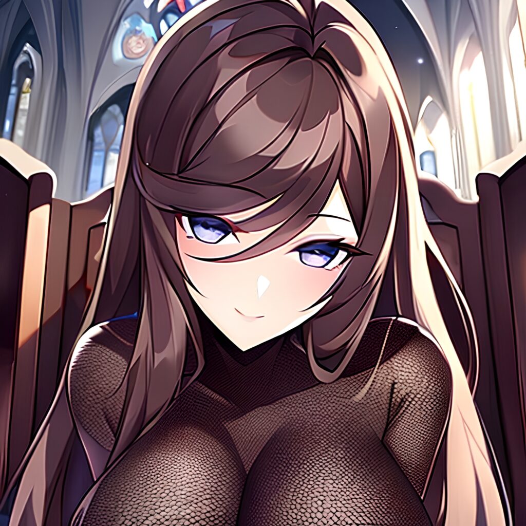 fishnet church long hair brunette messy hair woman 