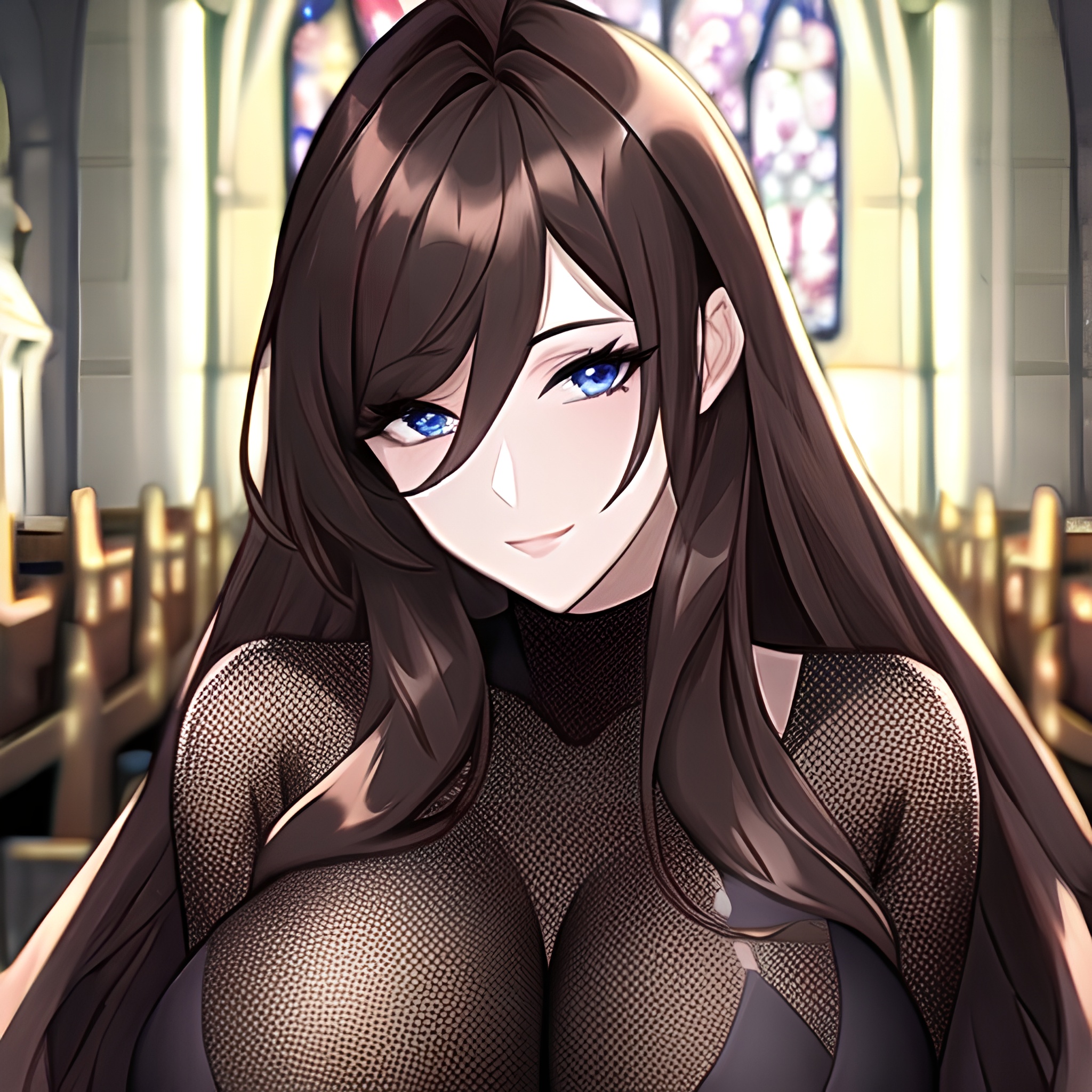 fishnet church long hair brunette woman messy hair