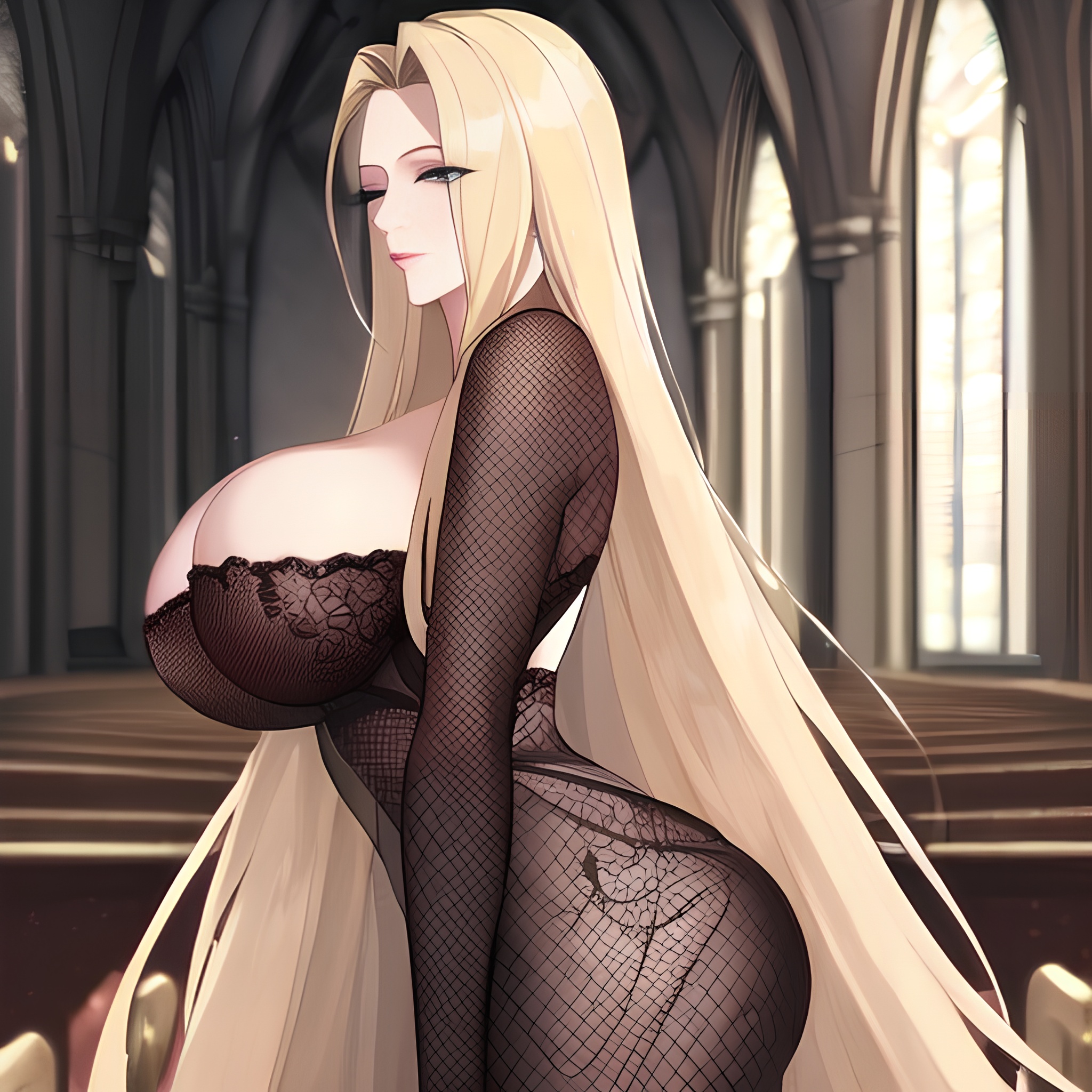 fishnet church long hair front view blonde nude woman small boobs 