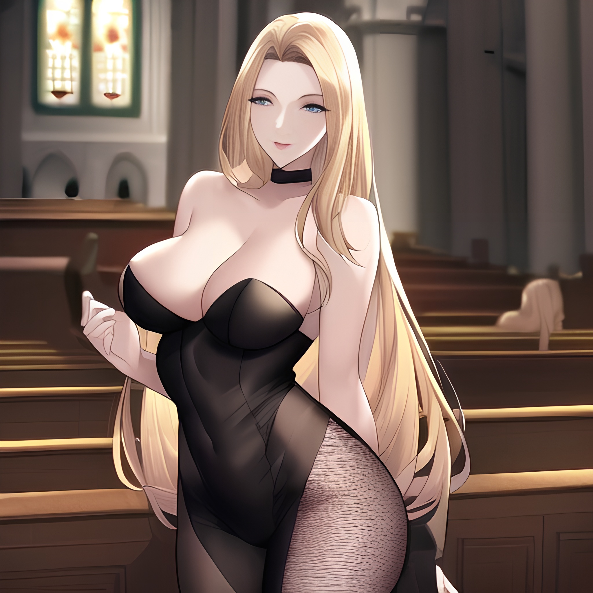 fishnet church long hair front view nude small boobs blonde woman 