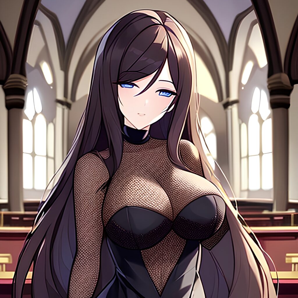 fishnet church long hair messy hair brunette woman 