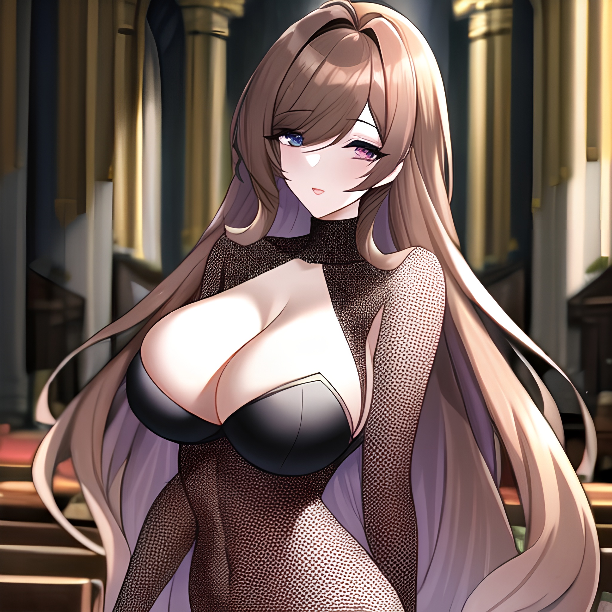 fishnet church long hair messy hair brunette woman 