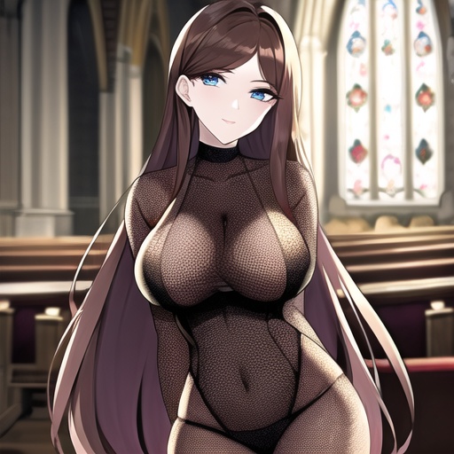 fishnet church long hair messy hair woman brunette 