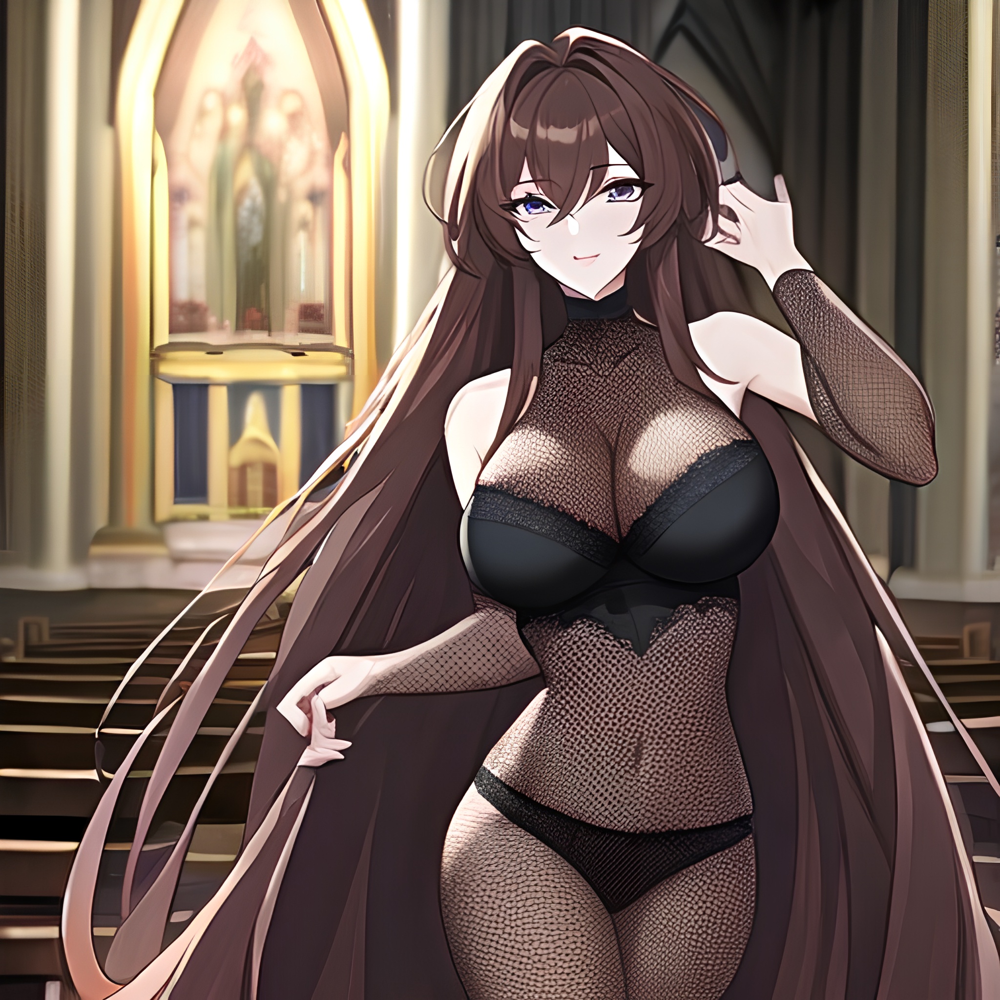 fishnet church long hair messy hair woman brunette 