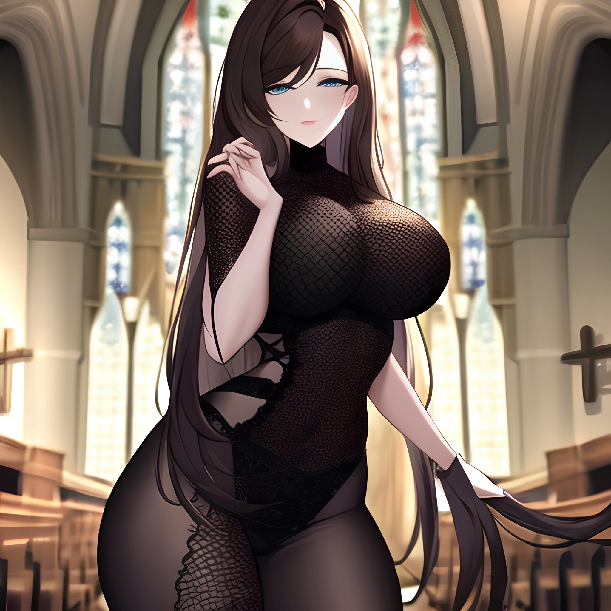 fishnet church long hair messy hair woman brunette 