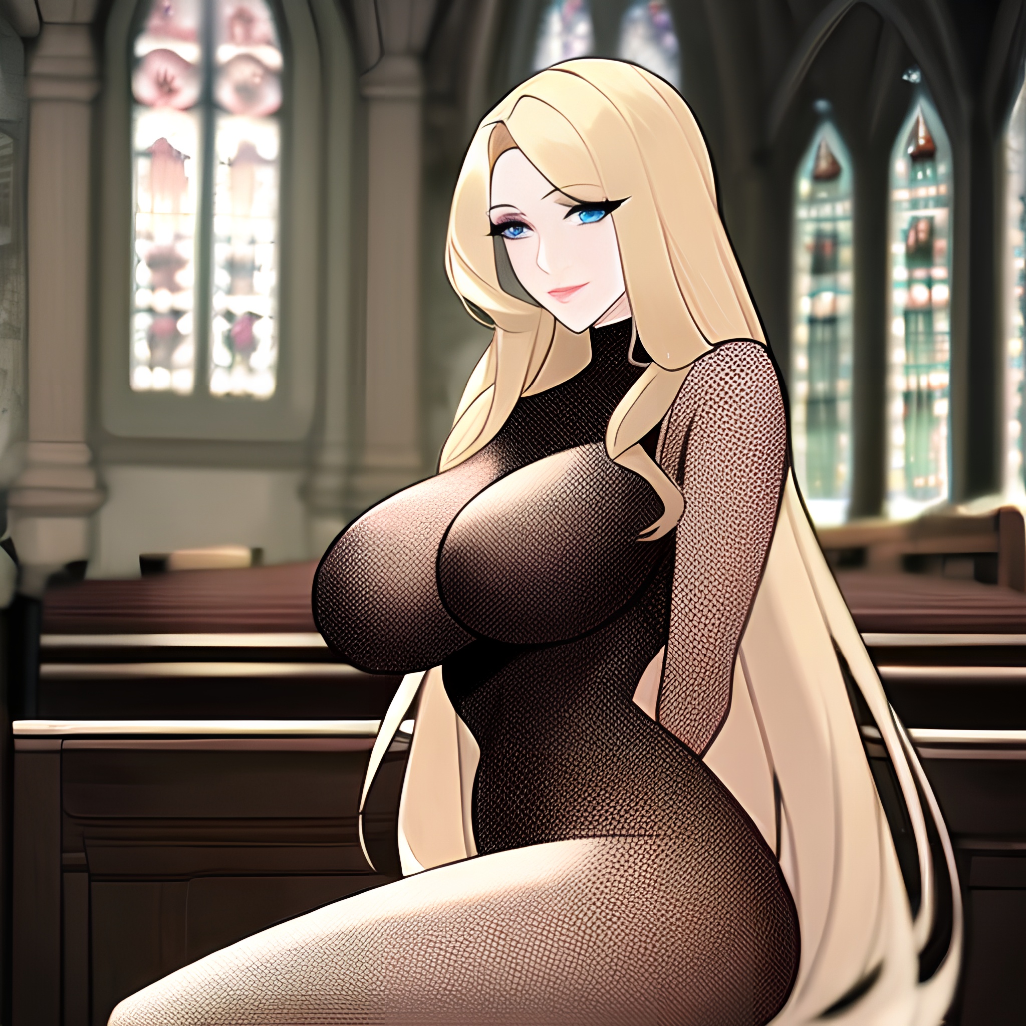 fishnet church long hair woman blonde 
