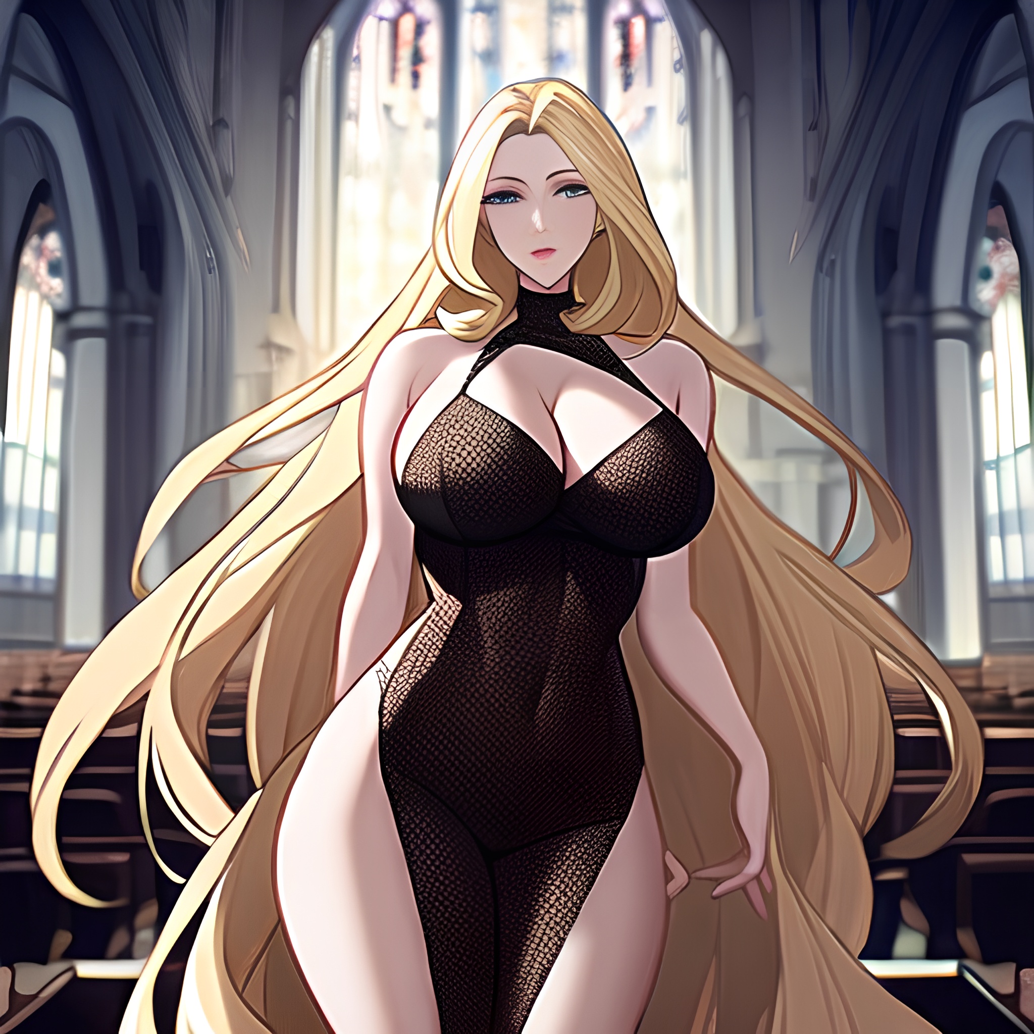 fishnet church long hair woman blonde 