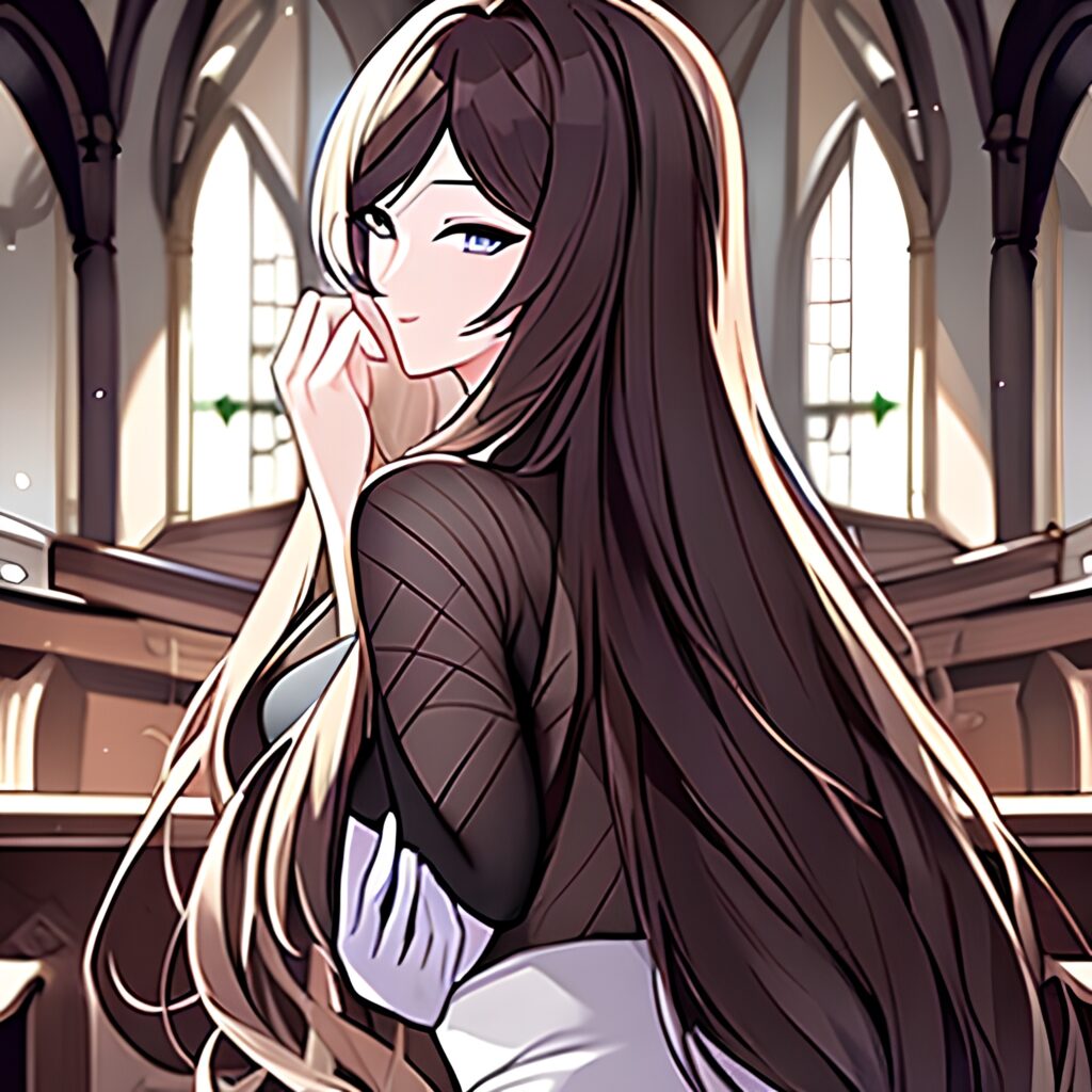 fishnet church long hair woman brunette messy hair 