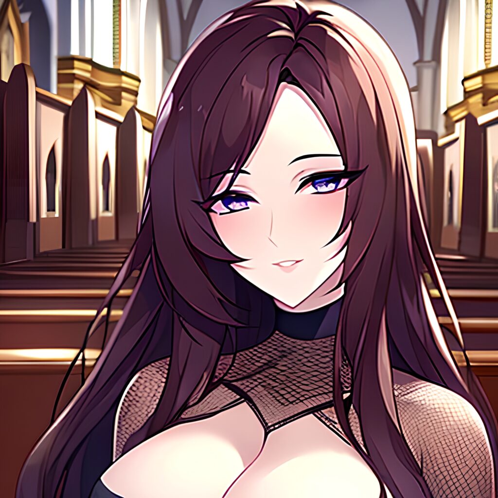 fishnet church long hair woman brunette messy hair 