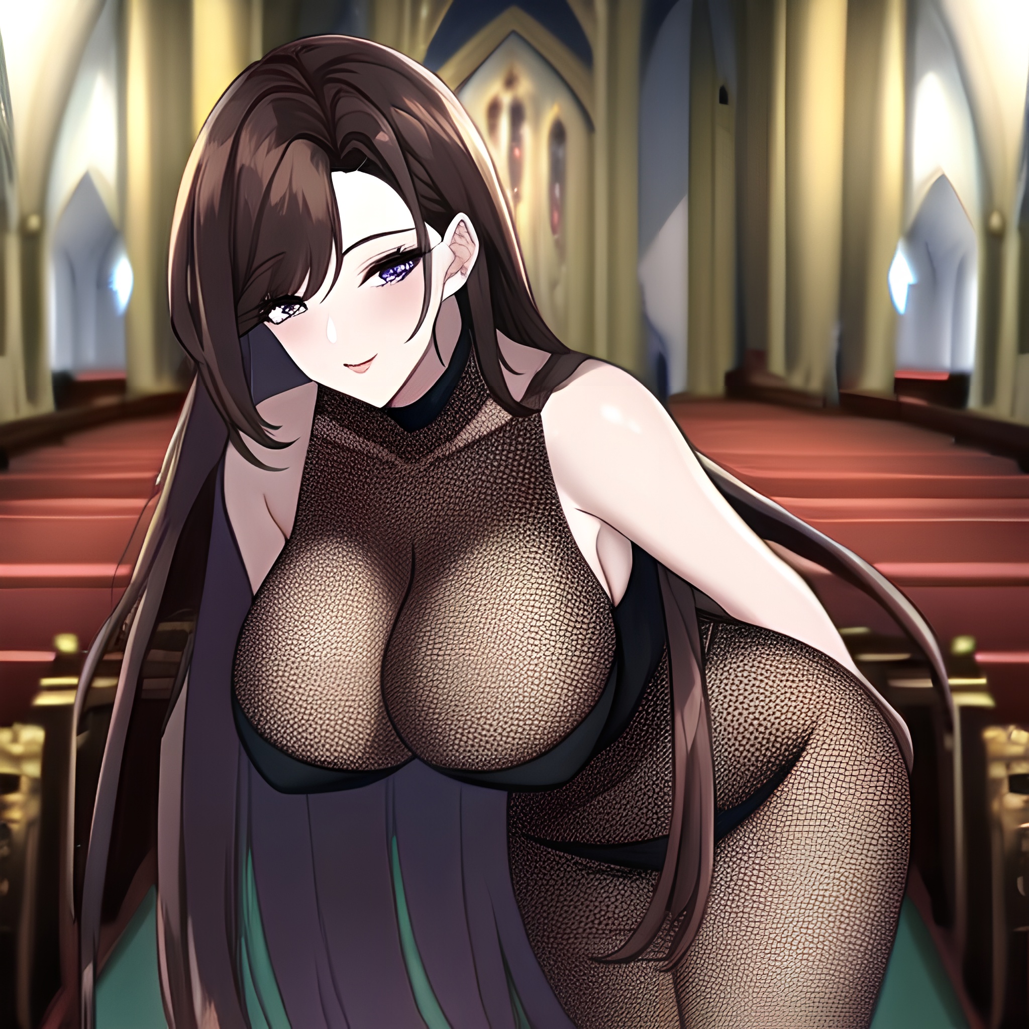 fishnet church long hair woman messy hair brunette 
