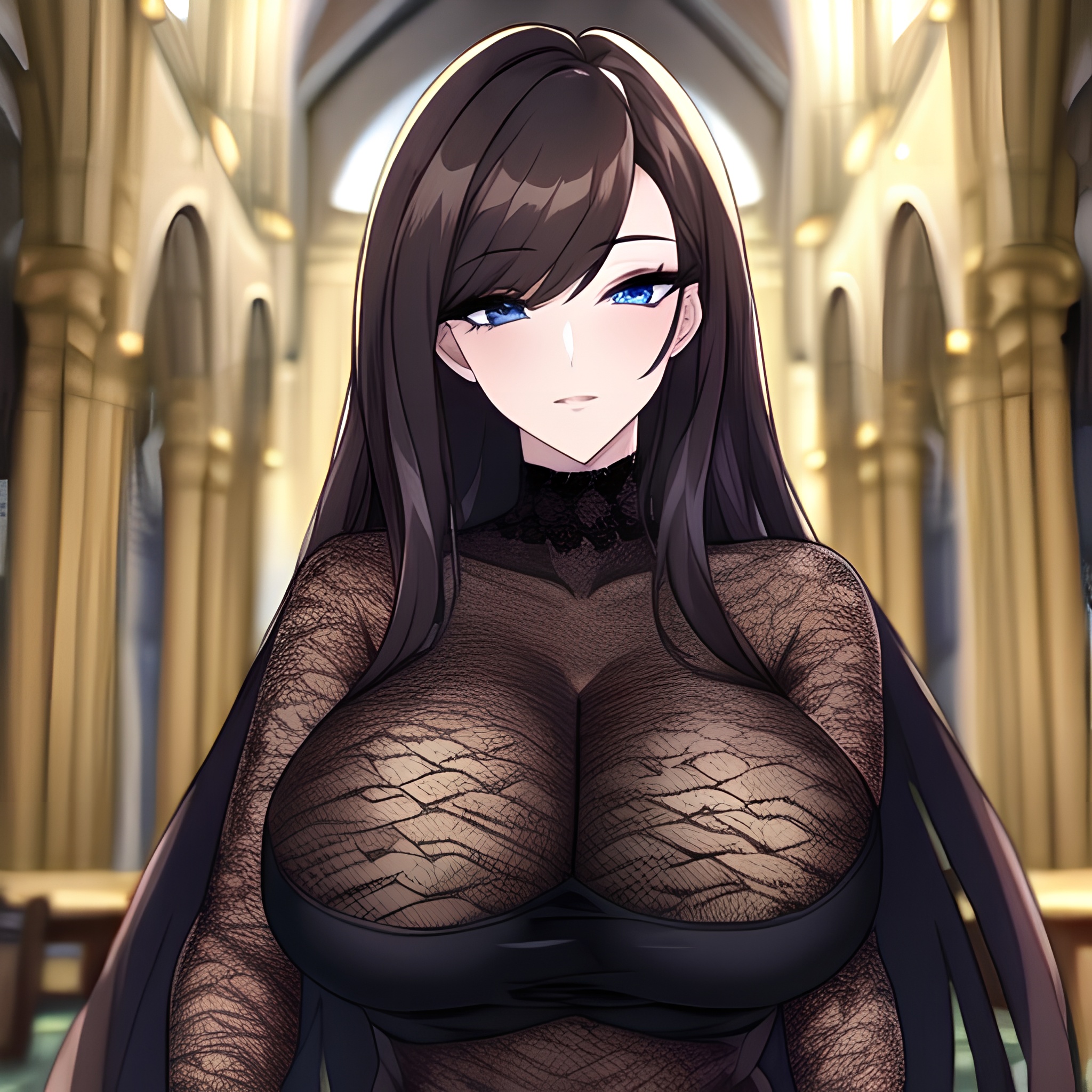 fishnet church long hair woman messy hair brunette 