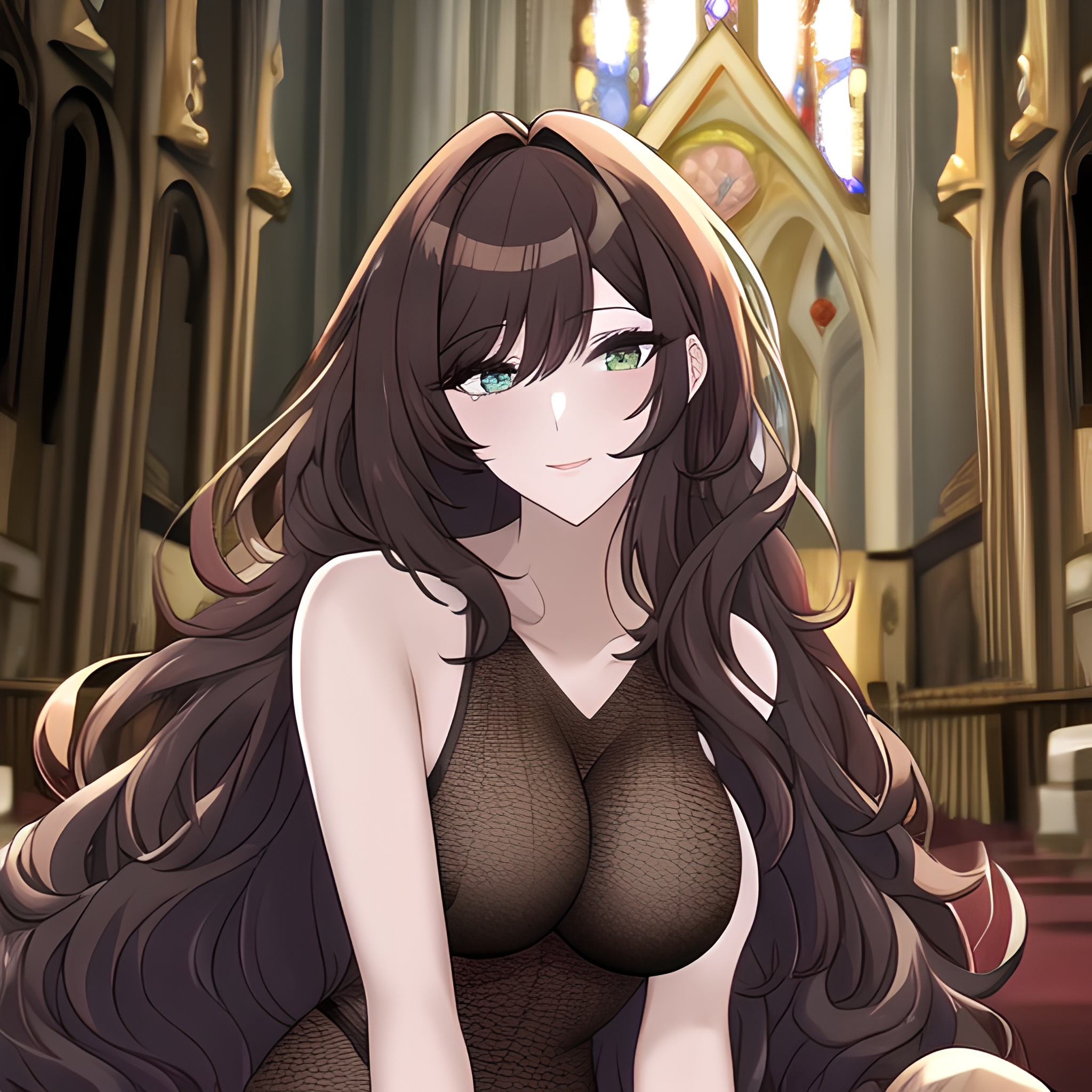 fishnet church long hair woman messy hair brunette 