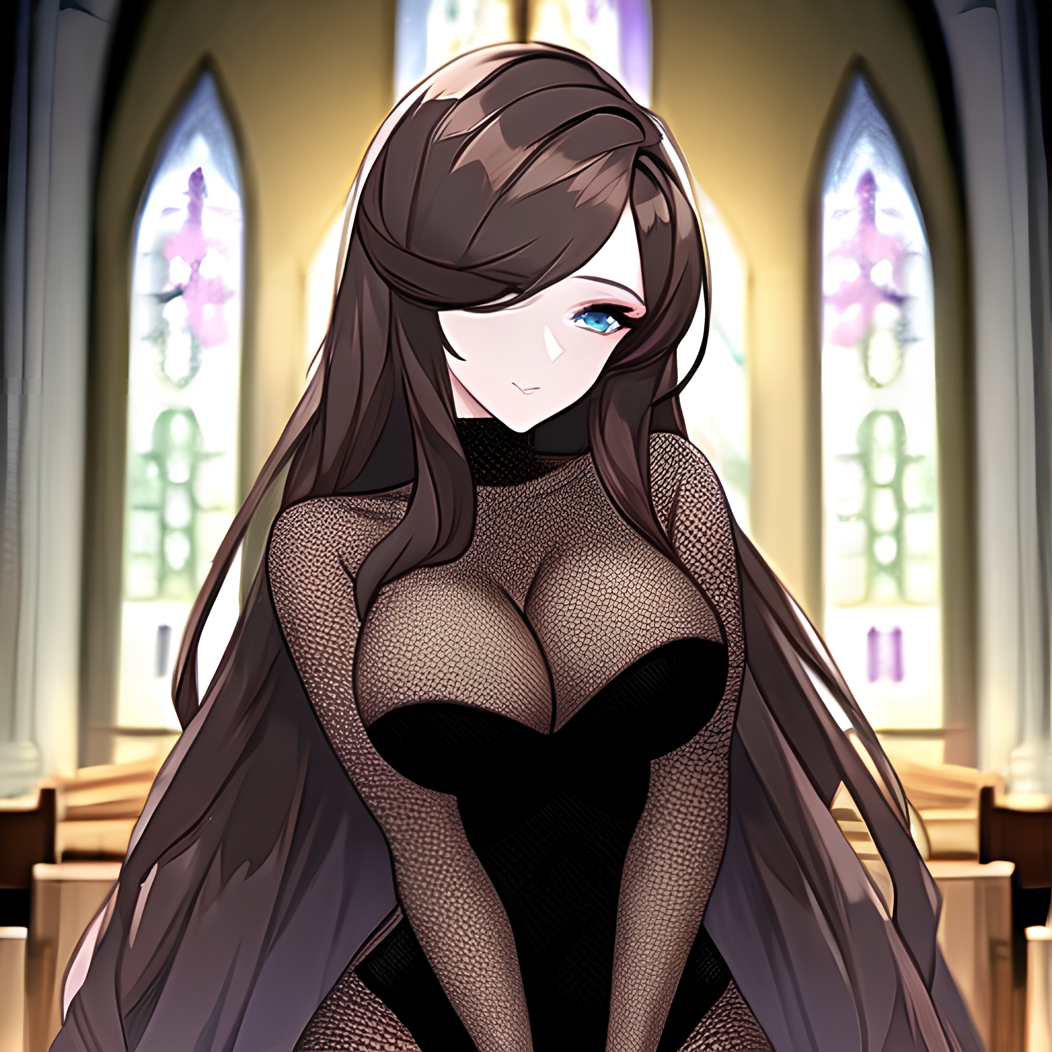fishnet church long hair woman messy hair brunette