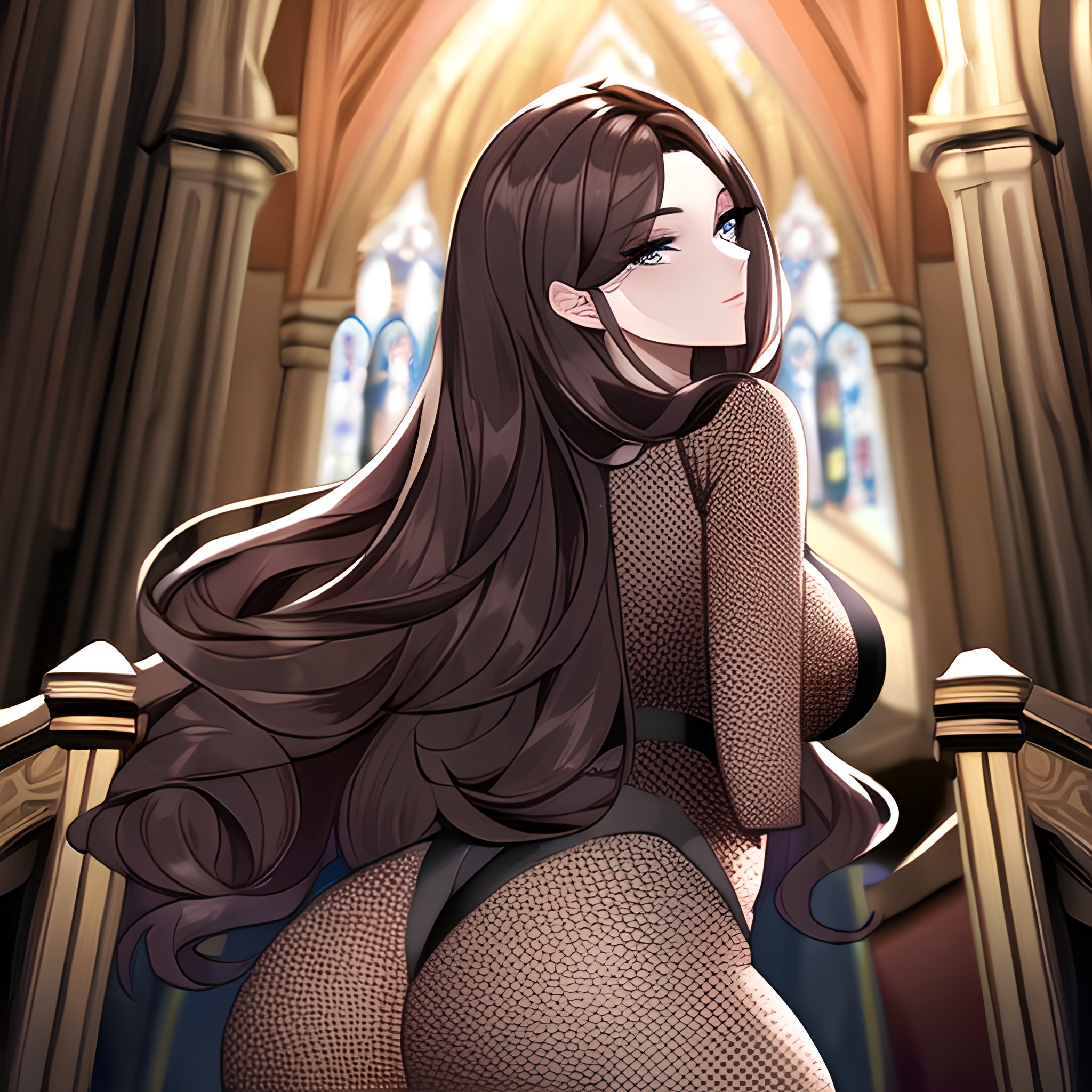 fishnet church messy hair brunette long hair woman 