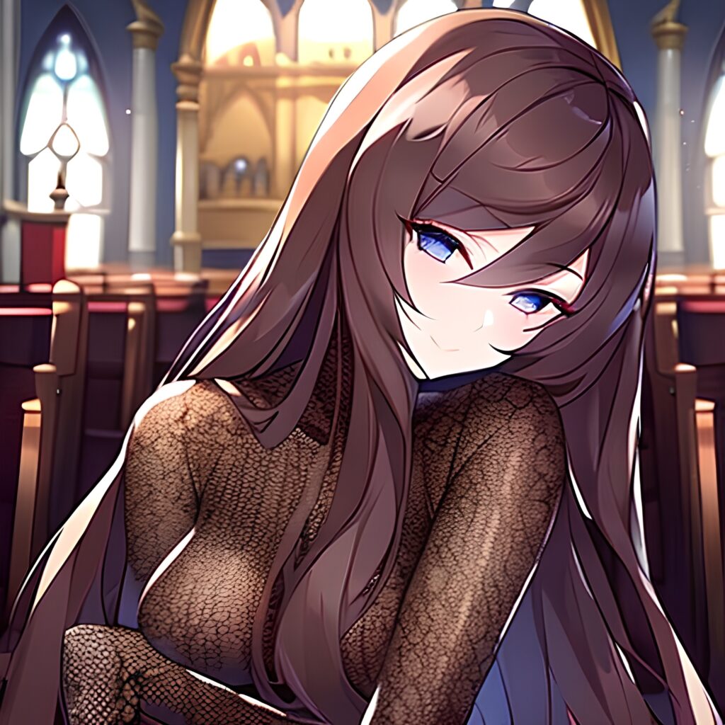 fishnet church messy hair brunette woman long hair 