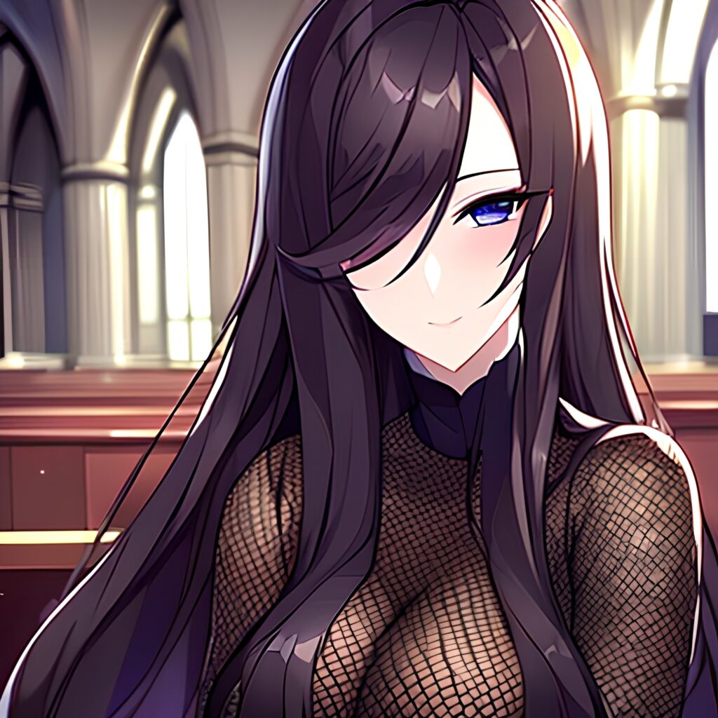 fishnet church messy hair long hair brunette woman 