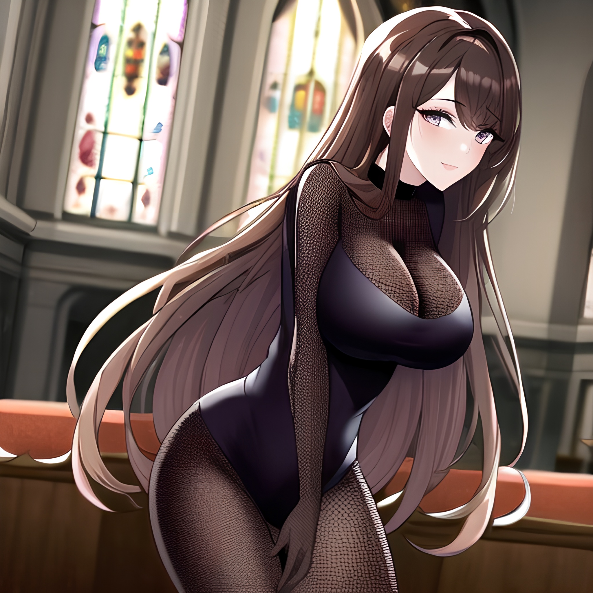 fishnet church messy hair long hair brunette woman 