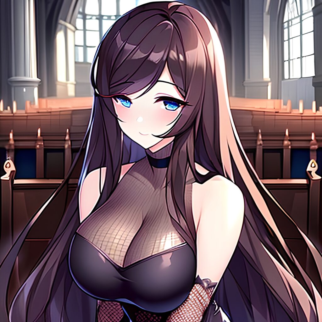 fishnet church messy hair long hair brunette woman 