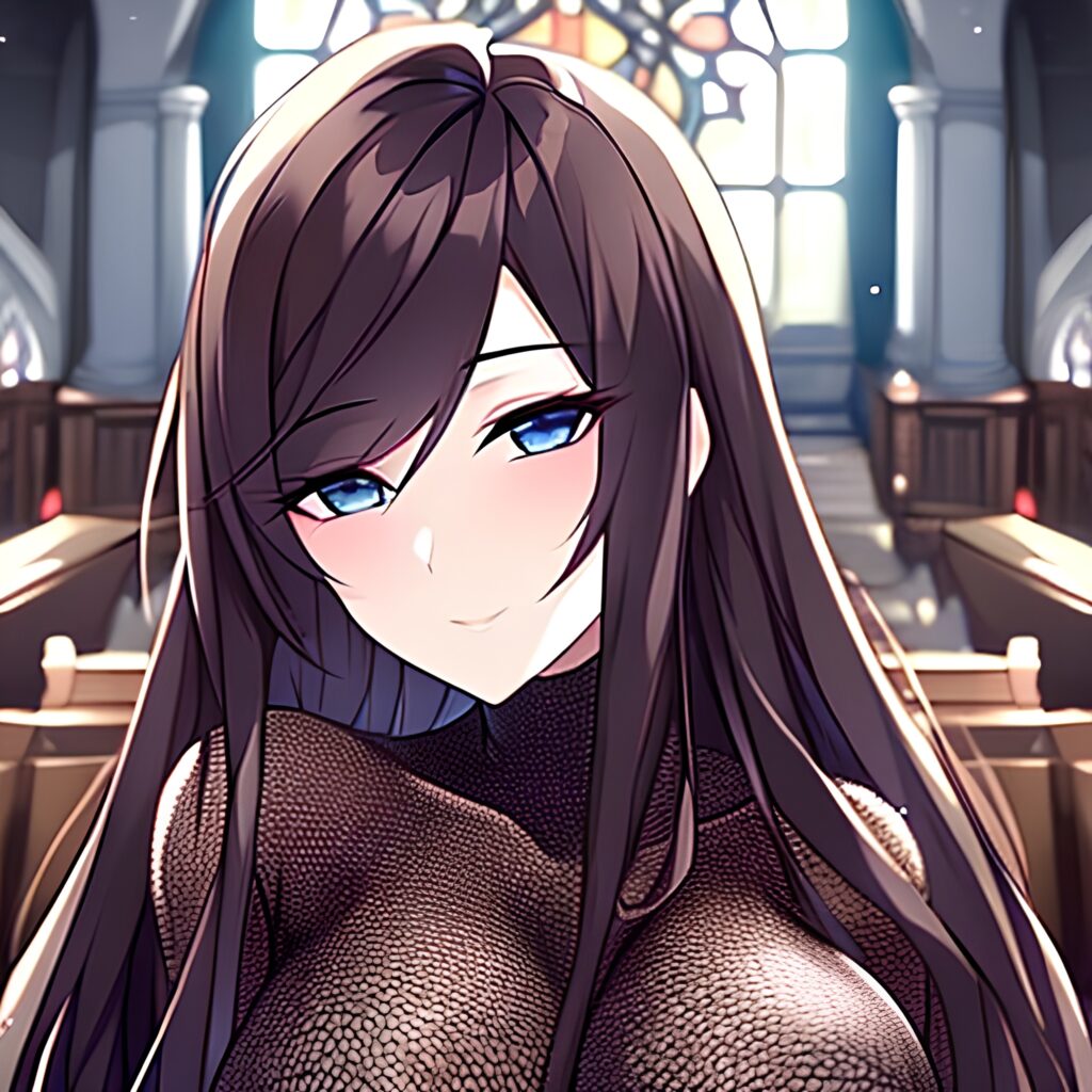 fishnet church messy hair long hair brunette woman 