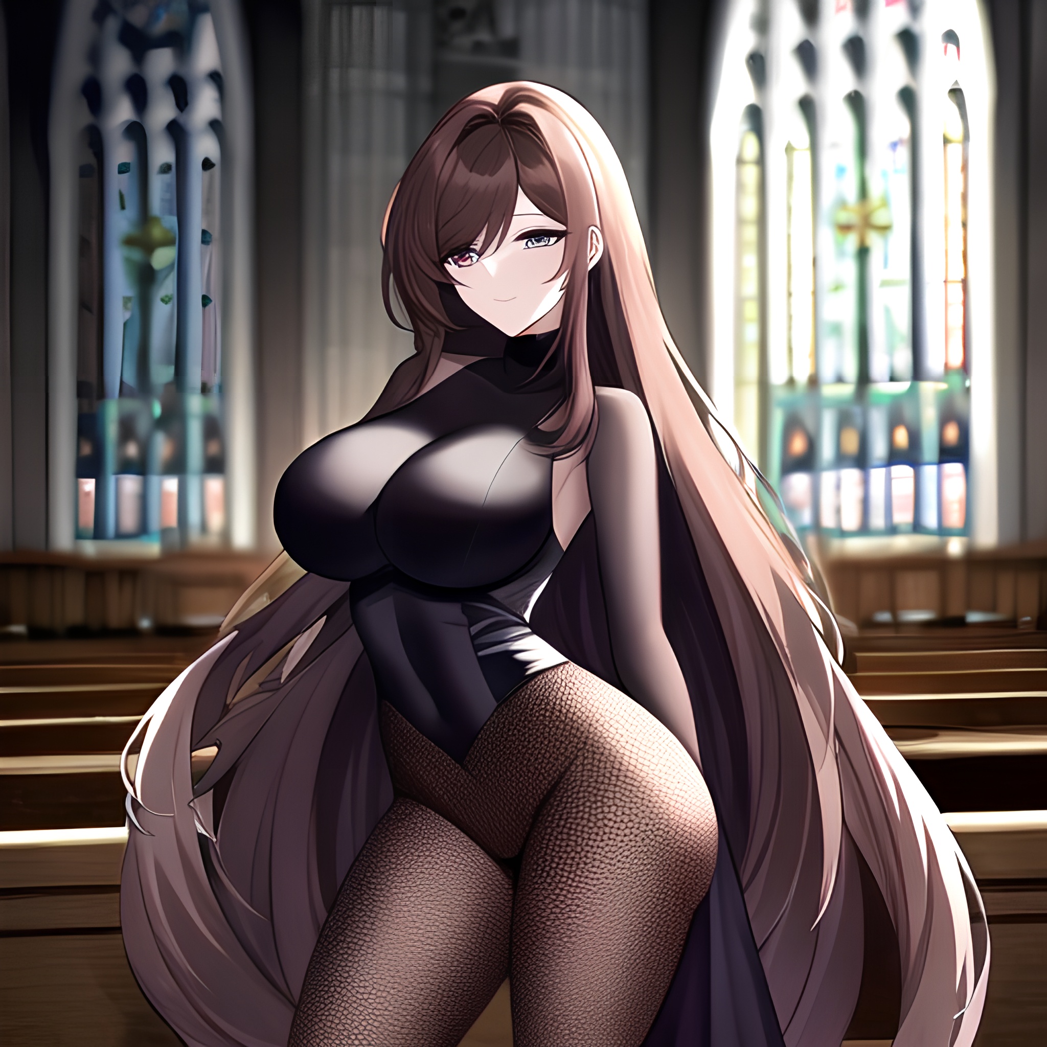 fishnet church messy hair woman brunette long hair 