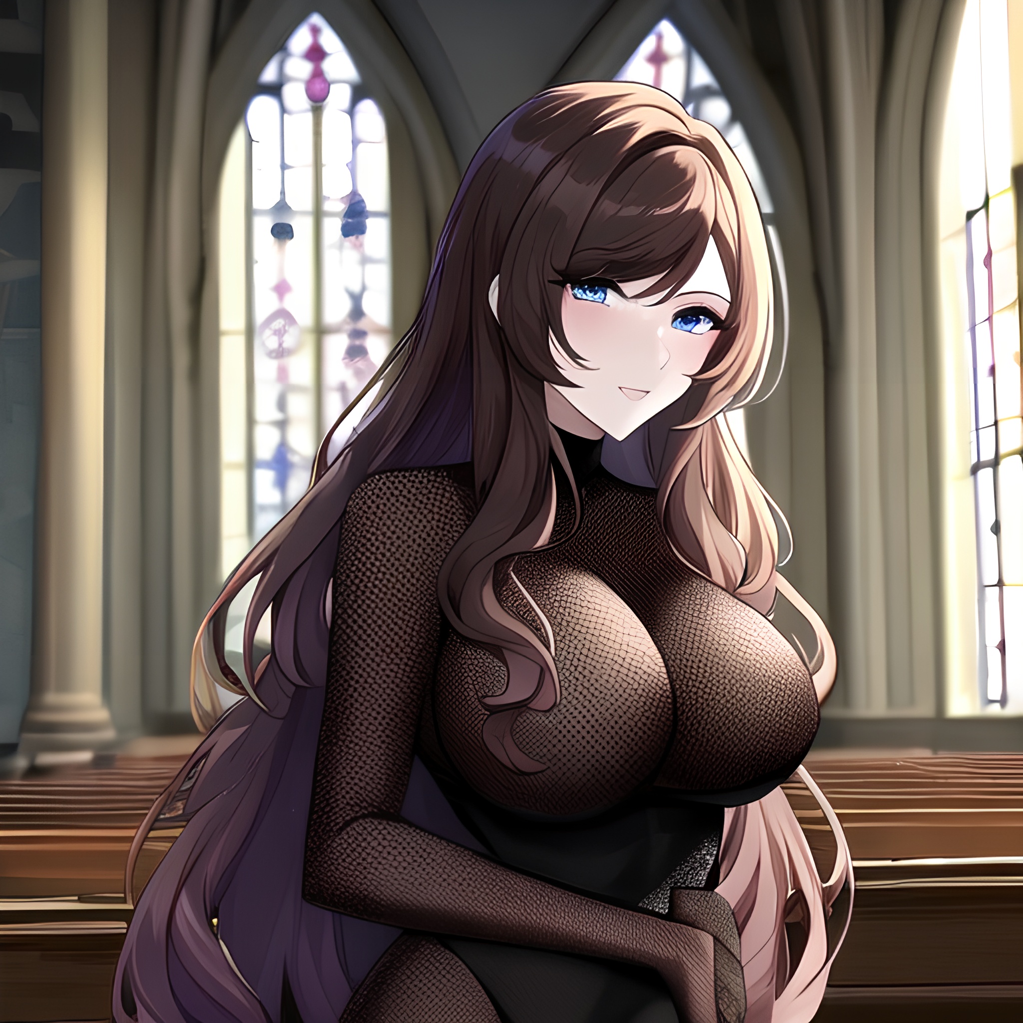 fishnet church messy hair woman brunette long hair 