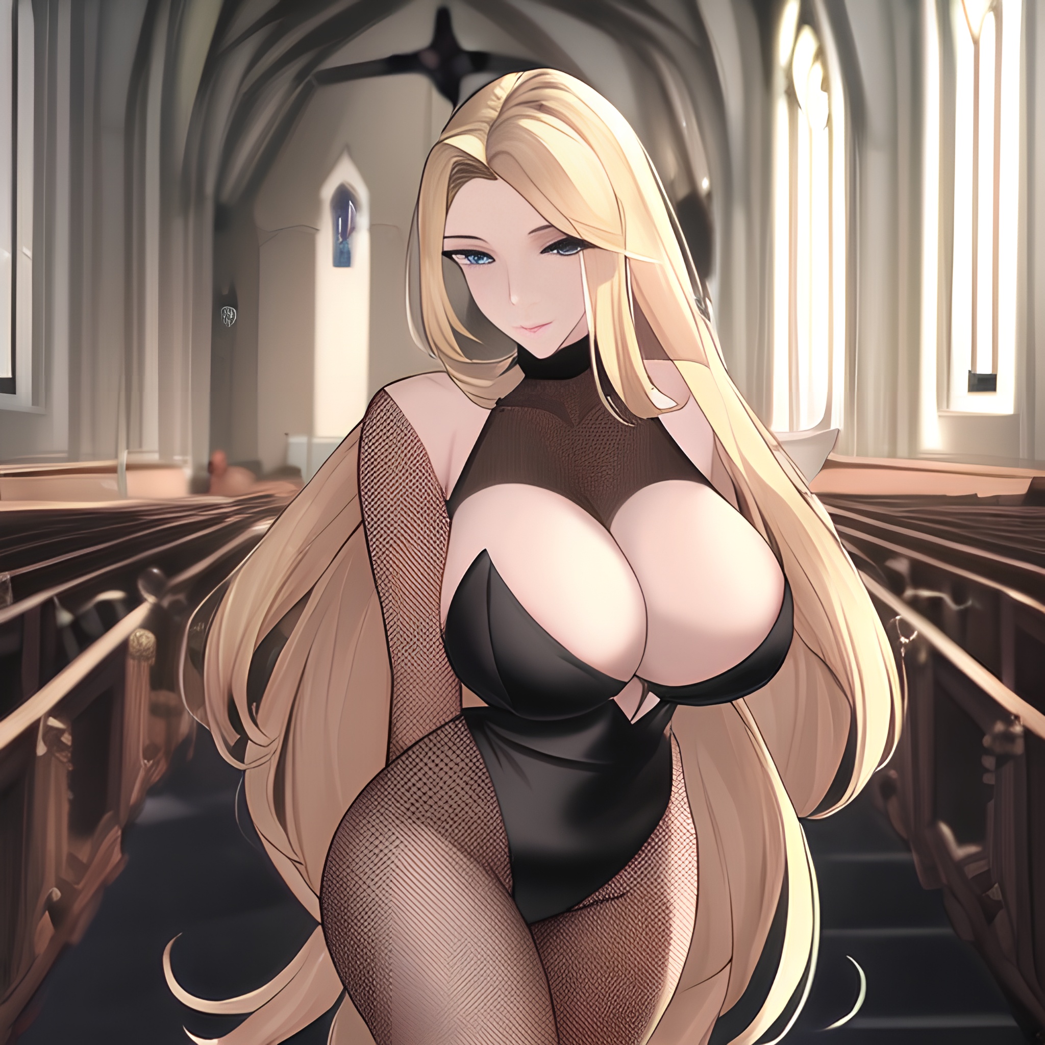 fishnet church nude front view blonde long hair woman small boobs