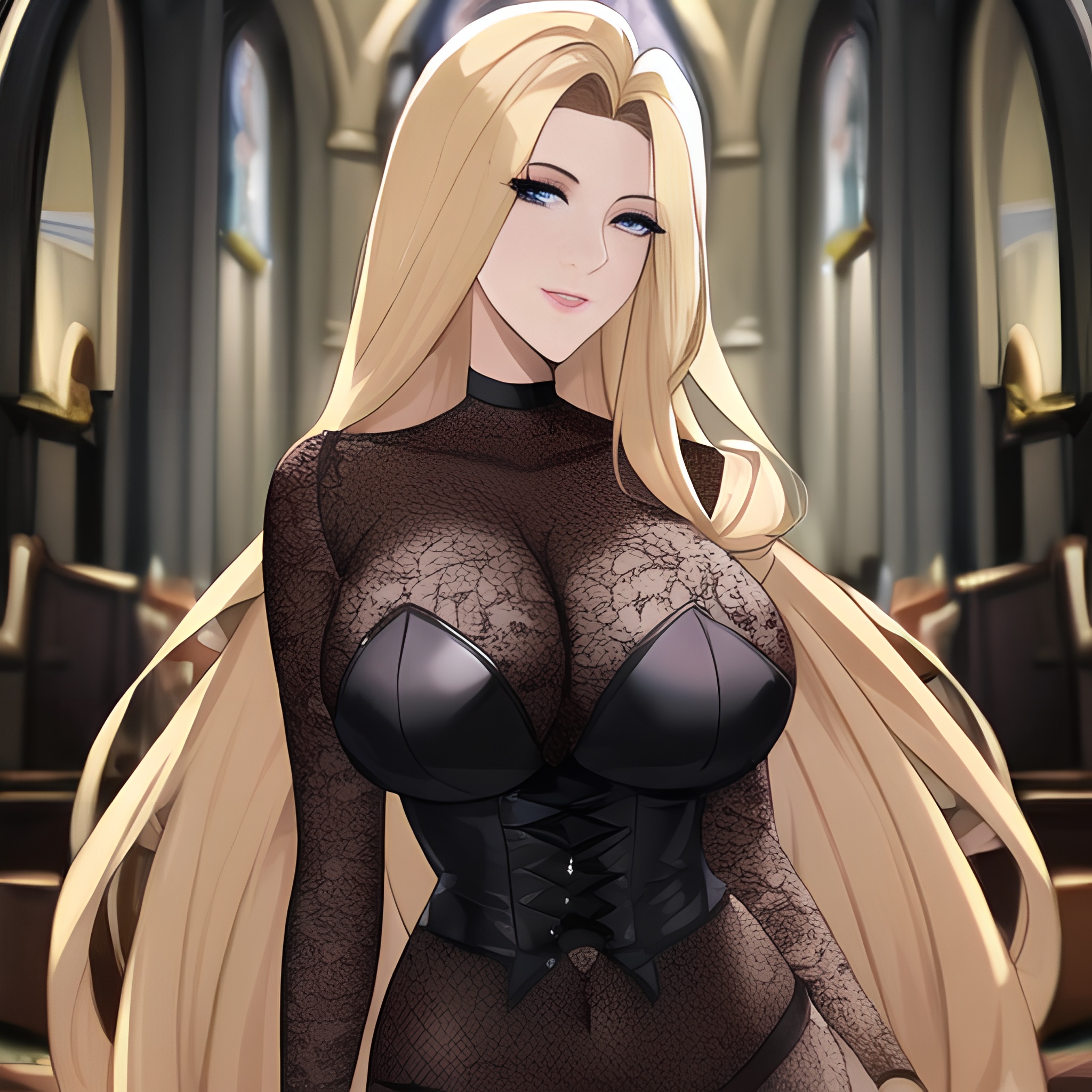 fishnet church nude long hair small boobs blonde front view woman 