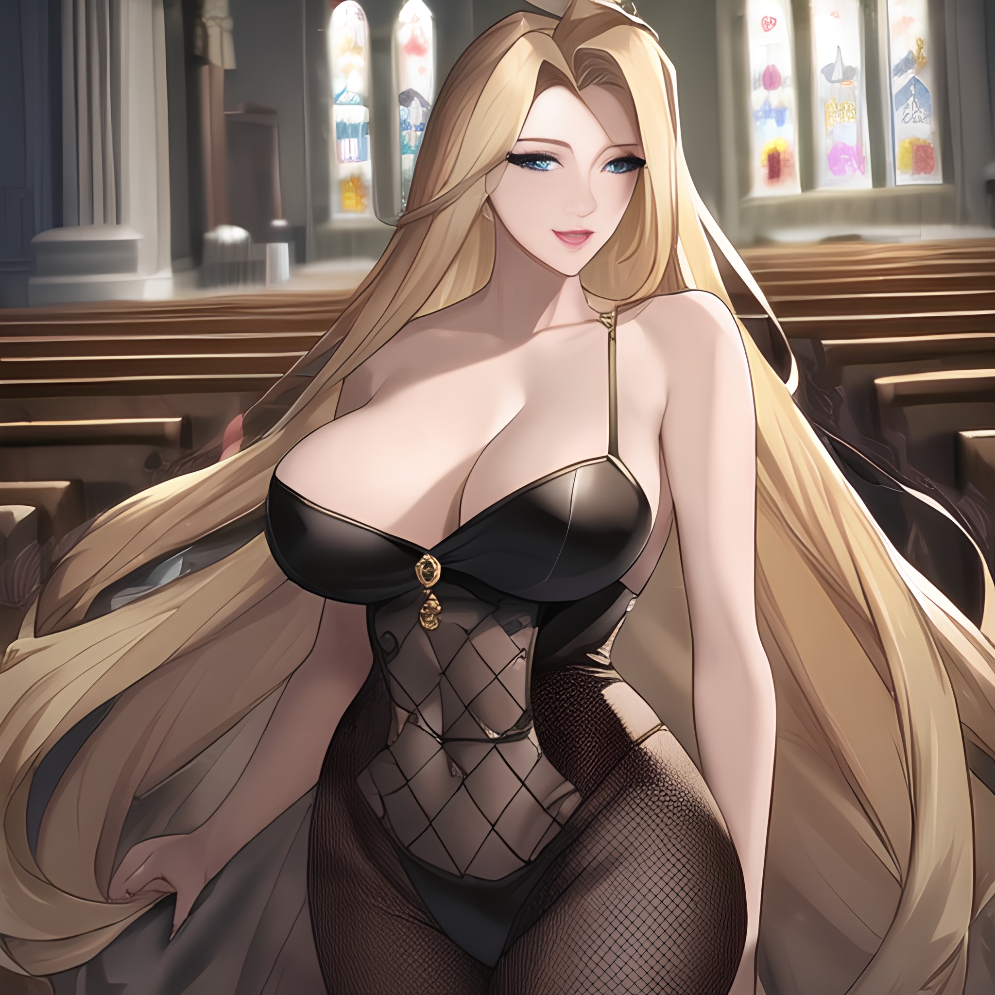 fishnet church nude woman small boobs front view blonde long hair 
