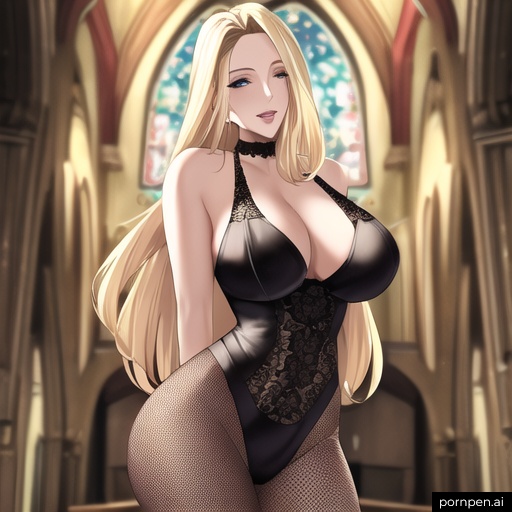 fishnet church small boobs front view blonde woman long hair nude 