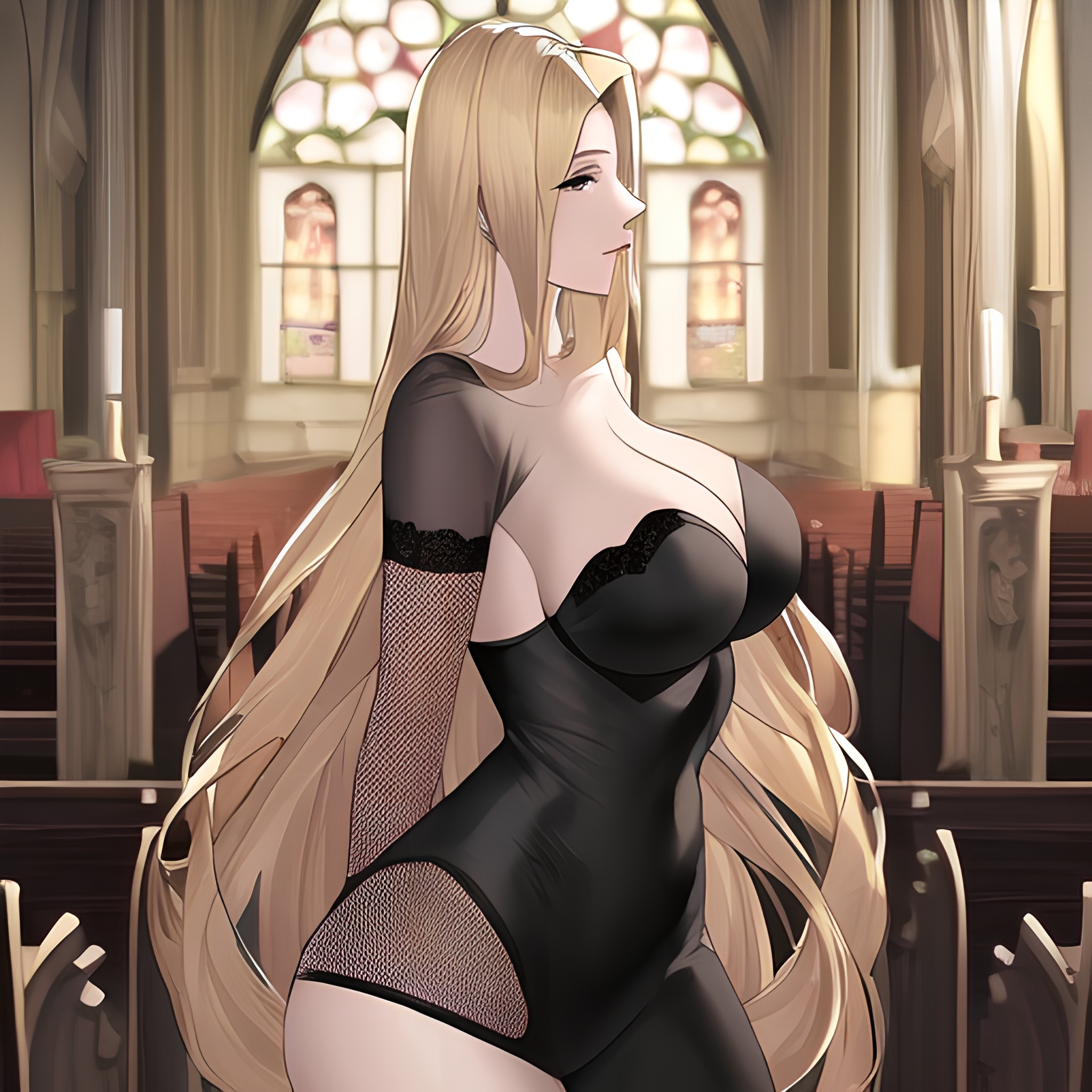 fishnet church small boobs nude woman blonde long hair front view 