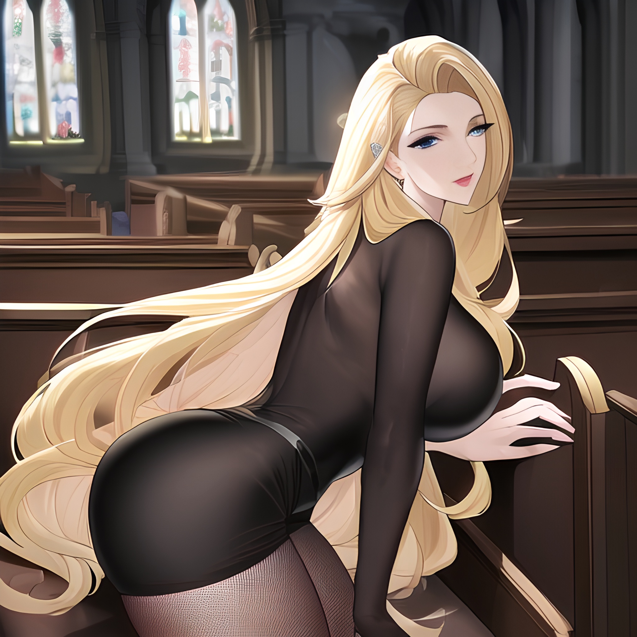 fishnet church small boobs woman long hair blonde front view nude 