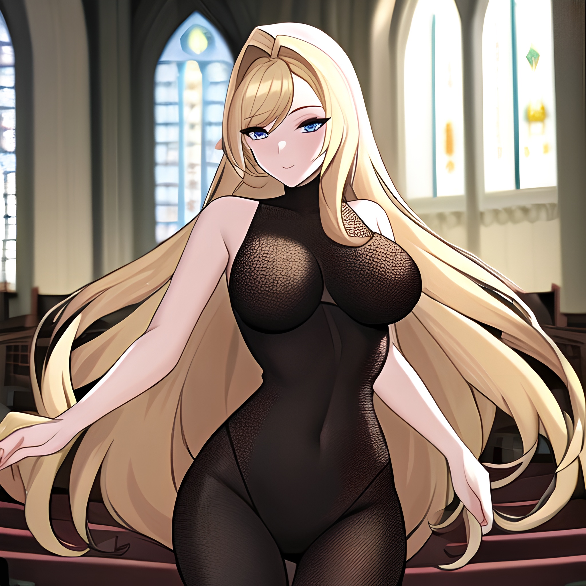 fishnet church woman blonde long hair 