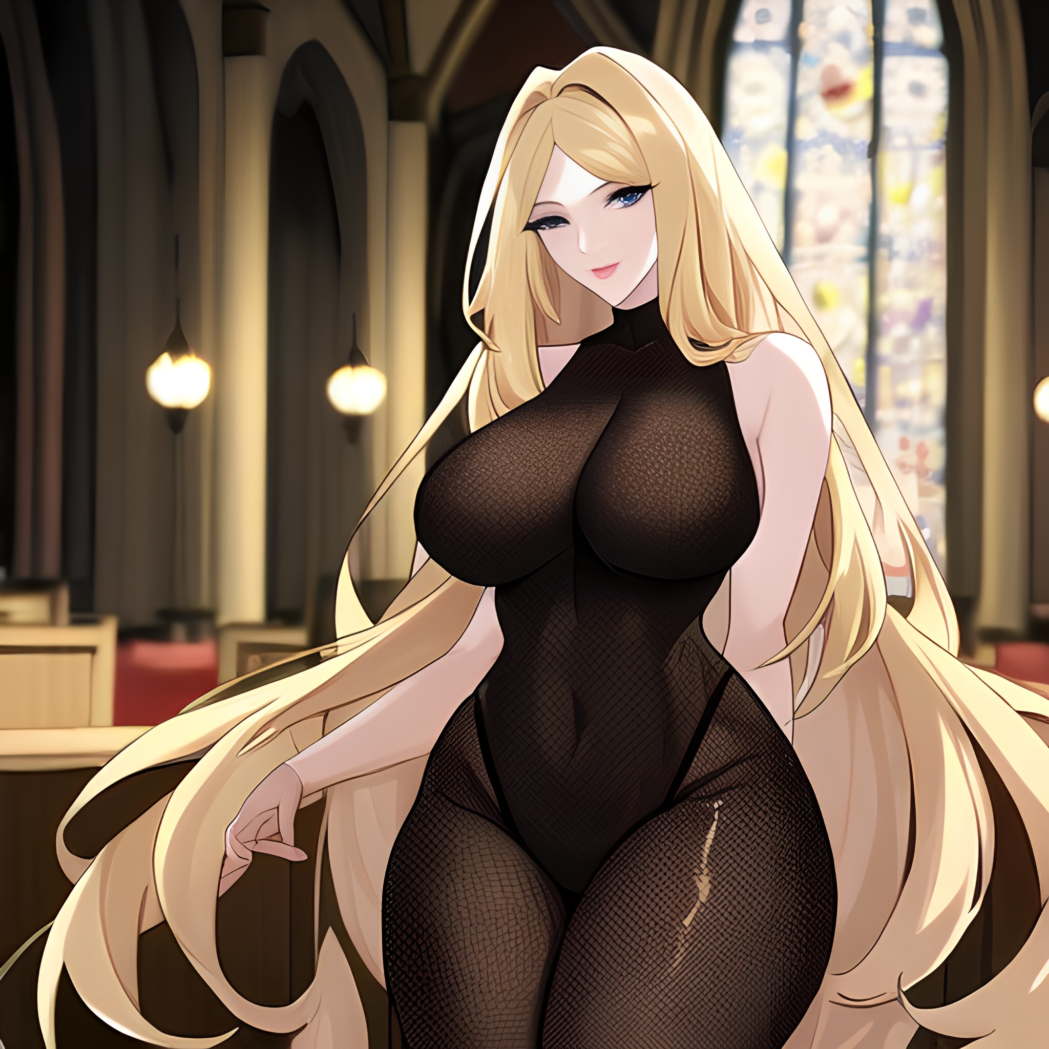 fishnet church woman blonde long hair