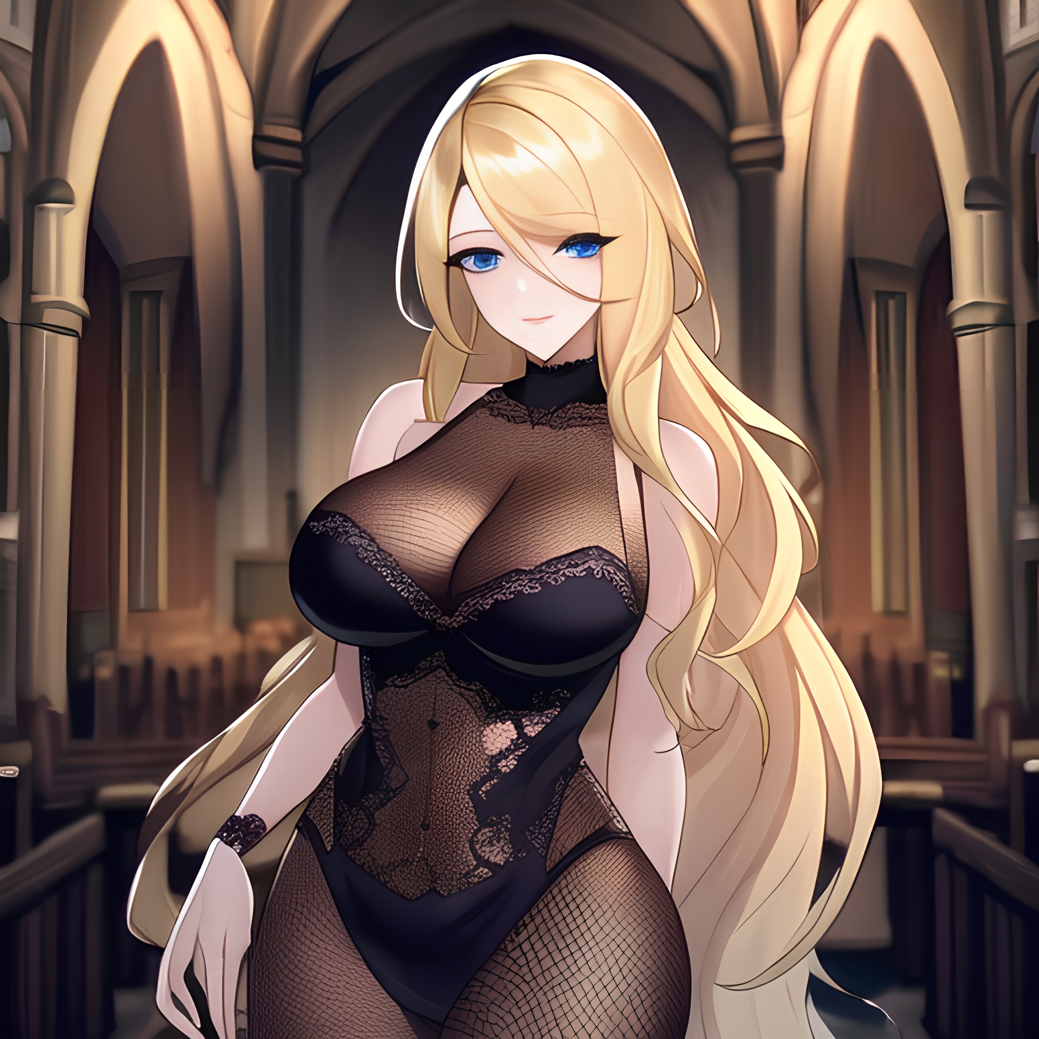 fishnet church woman blonde long hair 