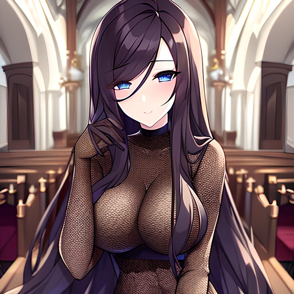 fishnet church woman brunette long hair messy hair 