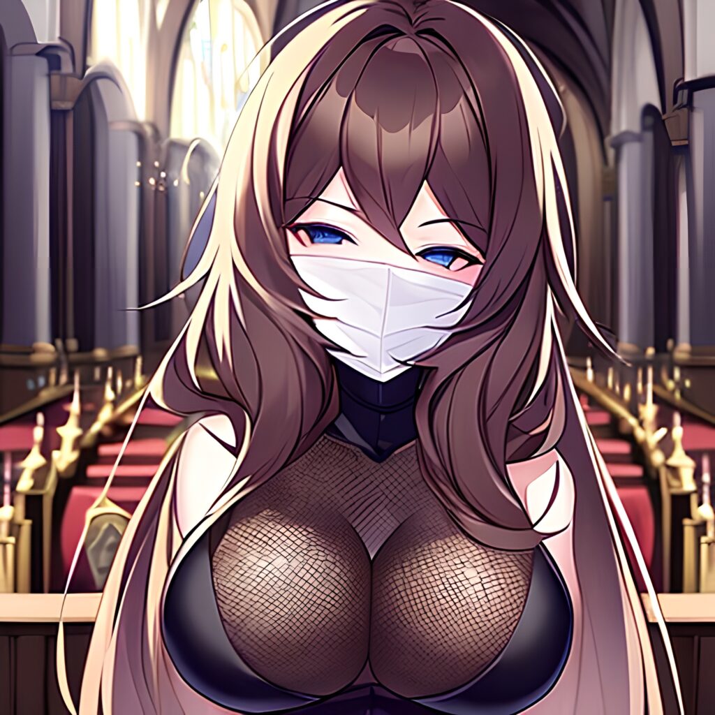 fishnet church woman brunette long hair messy hair