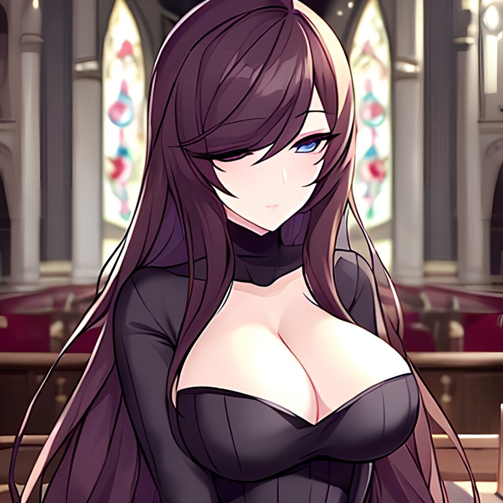 fishnet church woman brunette long hair messy hair 