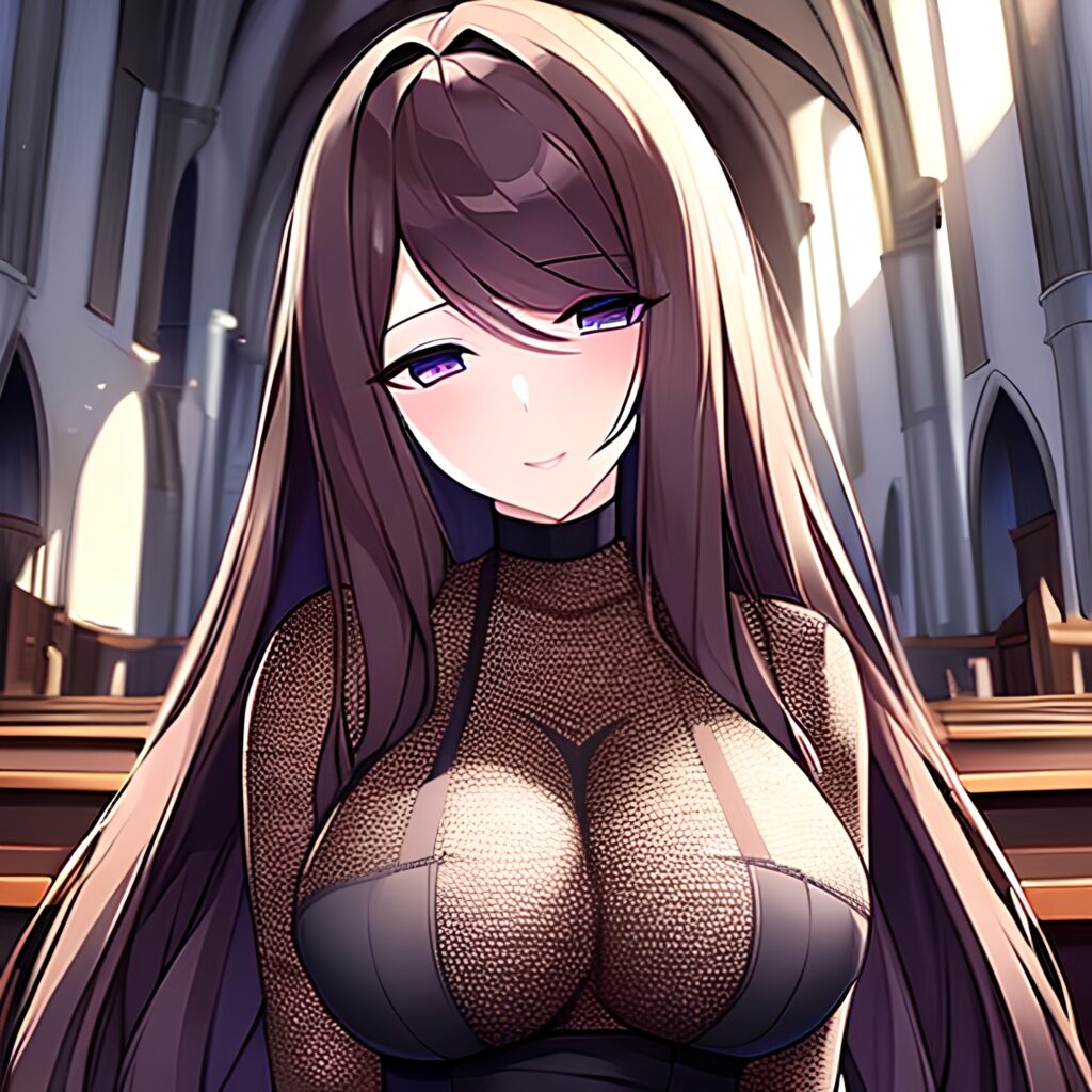 fishnet church woman brunette long hair messy hair 