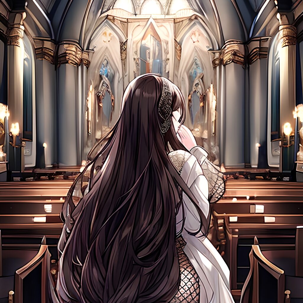 fishnet church woman brunette messy hair long hair 