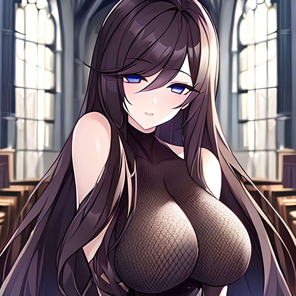 fishnet church woman brunette messy hair long hair 