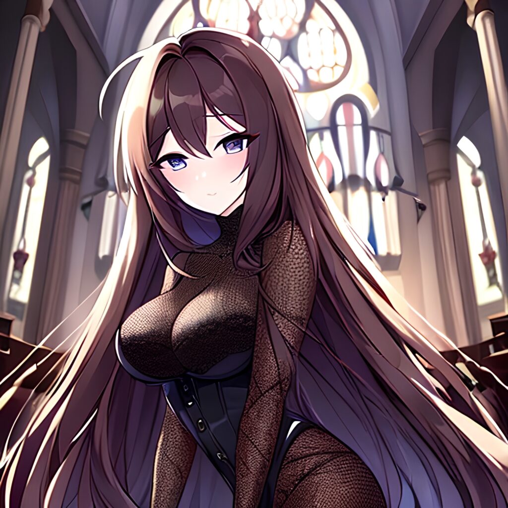 fishnet church woman brunette messy hair long hair 